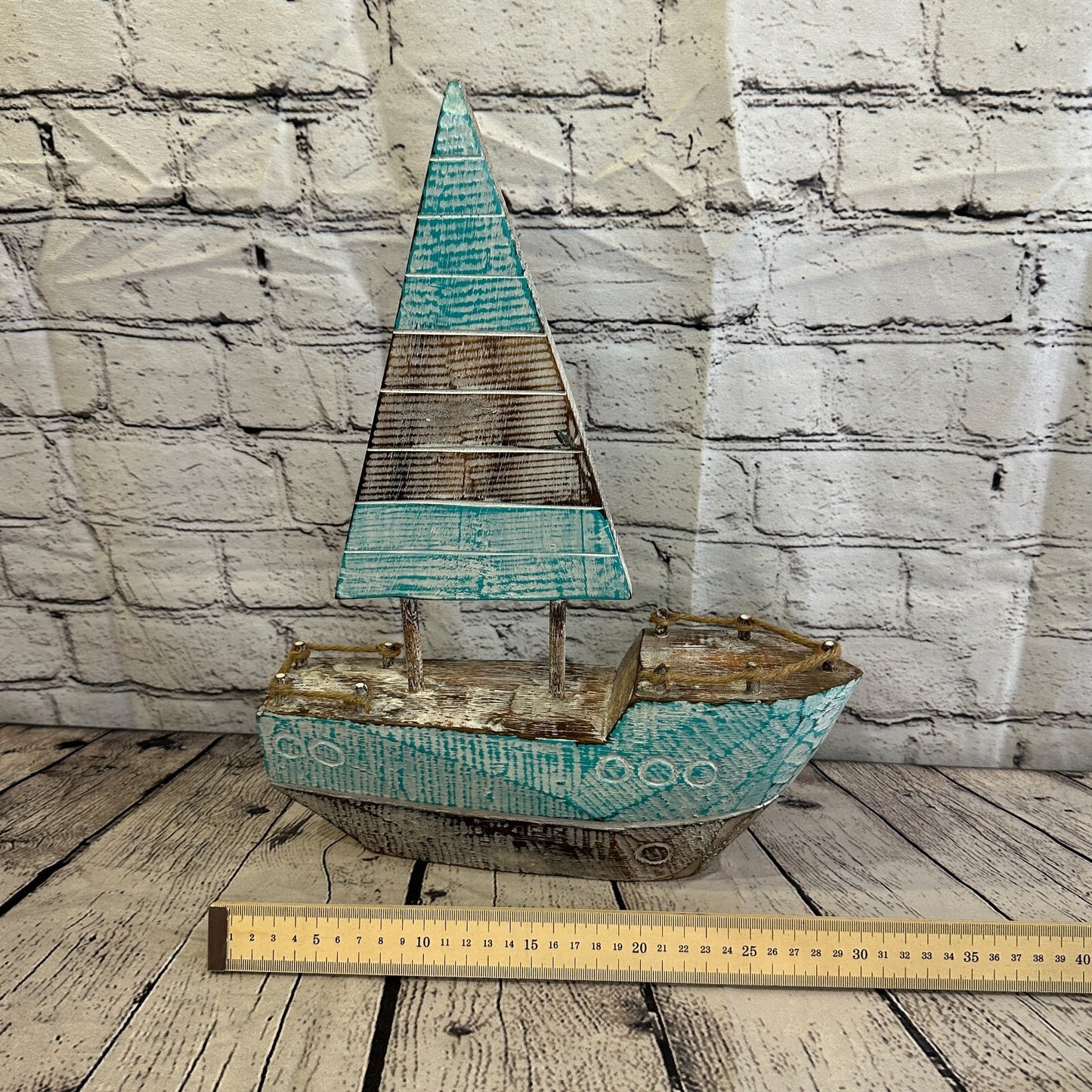 40cm Rustic Wooden Brown & Green Sailing Boat Nautical Ornament Sculpture Decor