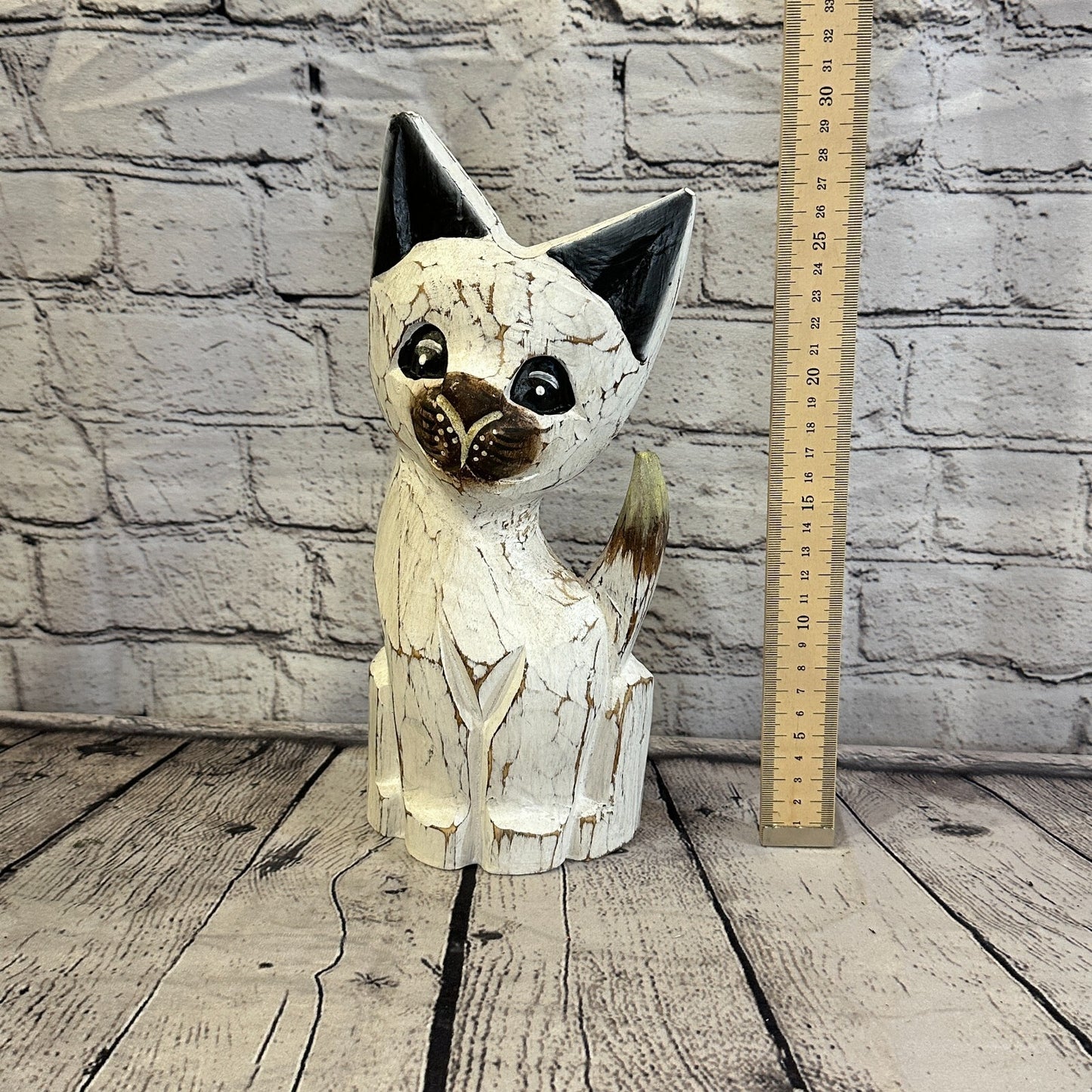 30cm x 12cm White Flower Wooden Shabby Cat Statue Ornament Fair Trade Handcarved