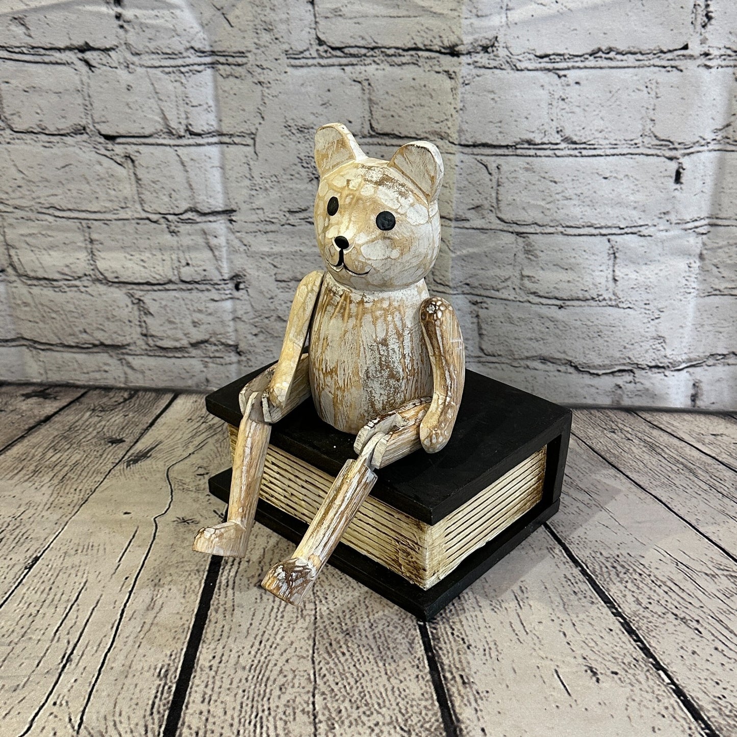18cm Shabby White Teddy Sitting Animal Wooden Shelf Ornament Handmade Fairtrade