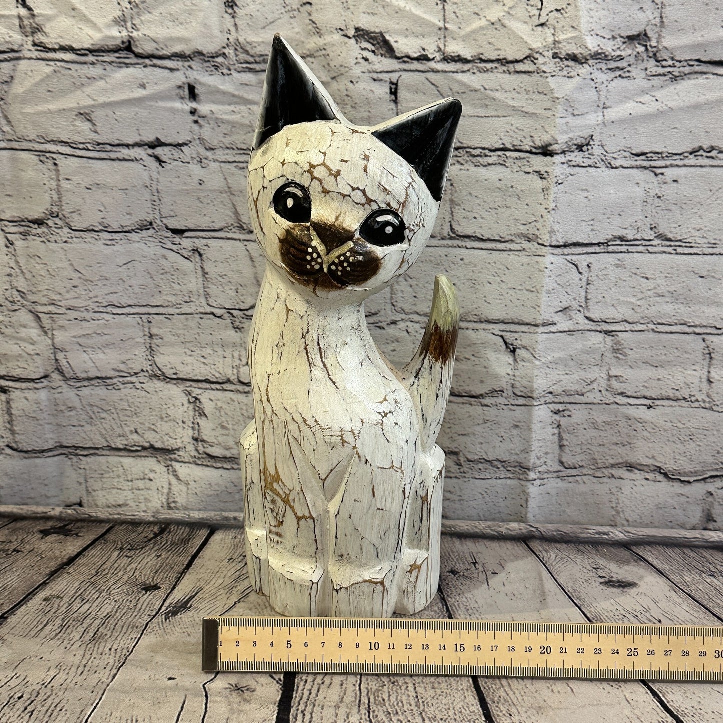 35cm x 15cm White Flower Wooden Shabby Cat Statue Ornament Fair Trade Handcarved