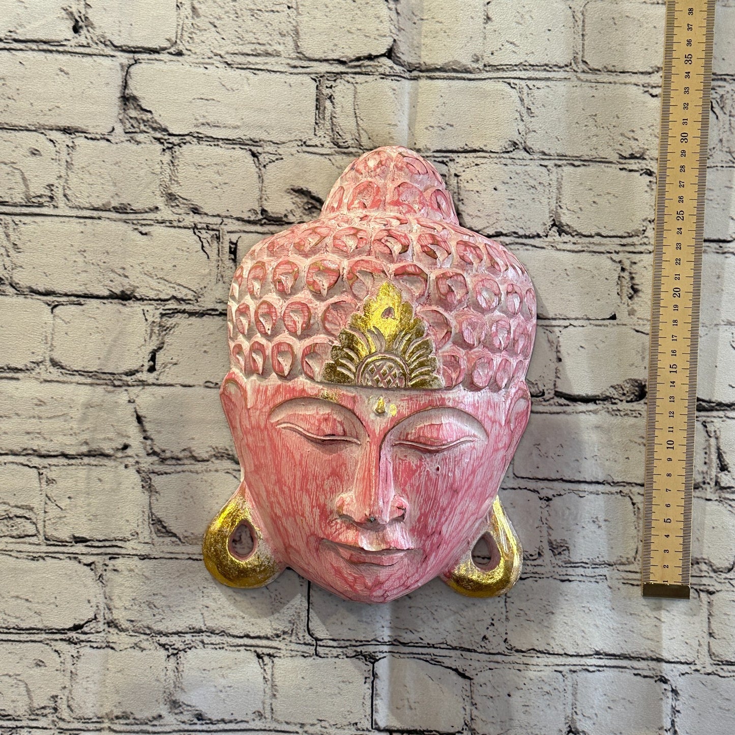 30cm x 20cm Pink Buddha Head Mask Wooden Hanging Statue Figurine Ornament