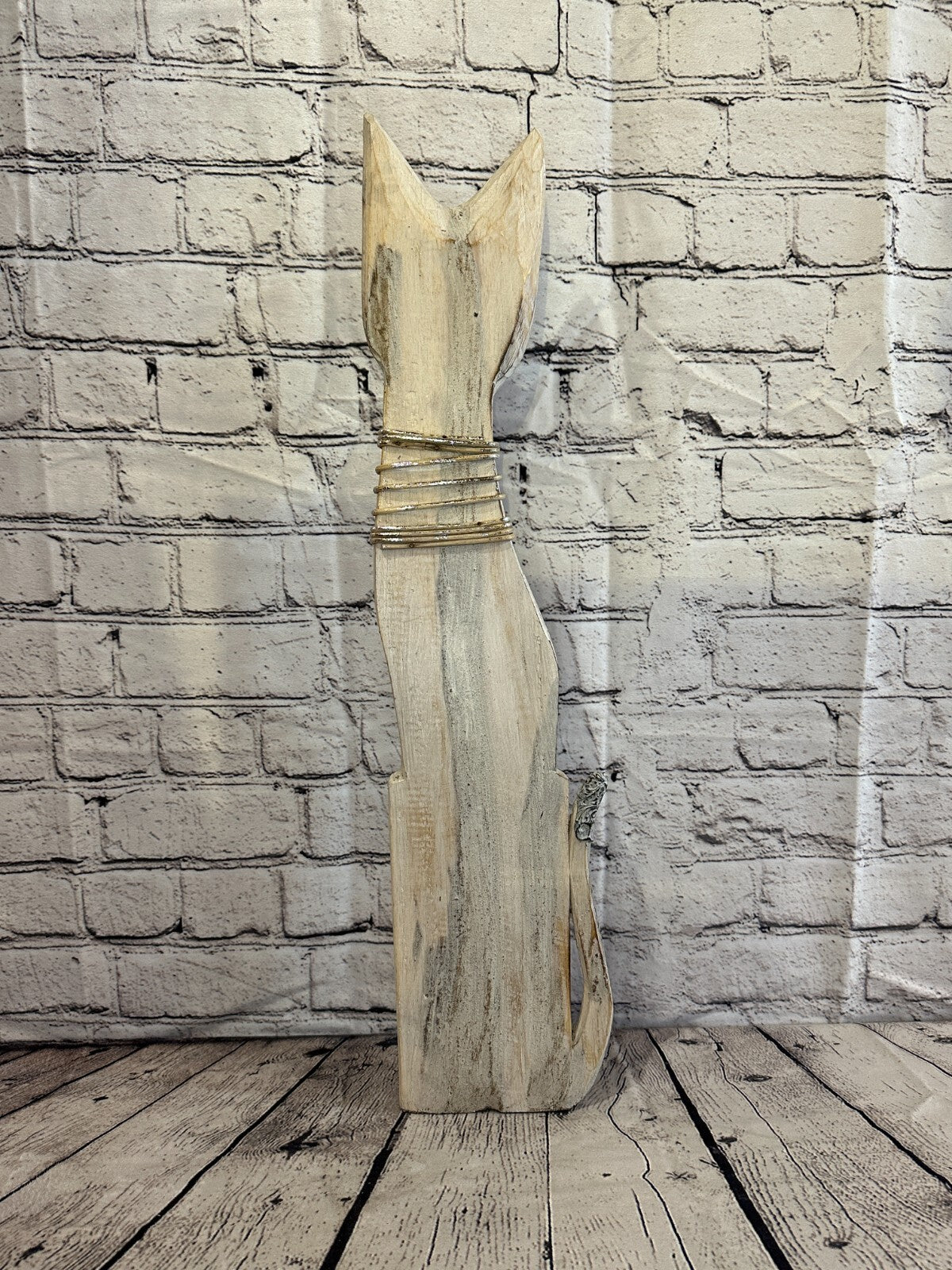 60cm White Swirl Flower Wooden Shabby Cat Statue Ornament Fair Trade Handcarved