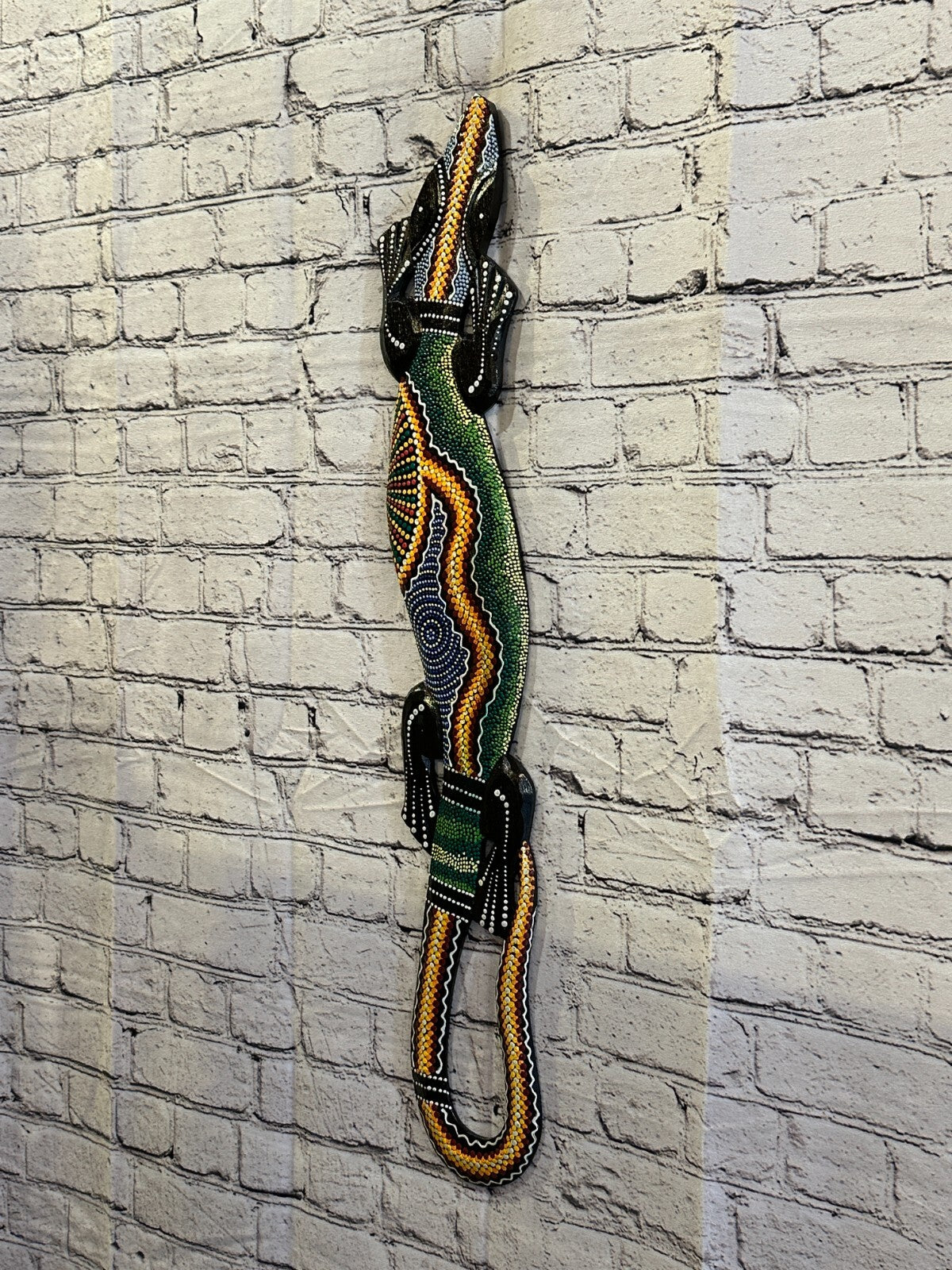 80cm Gecko Carved Wooden Dot Painted Ethnic Tribal Tiki Wall Handmade No 5