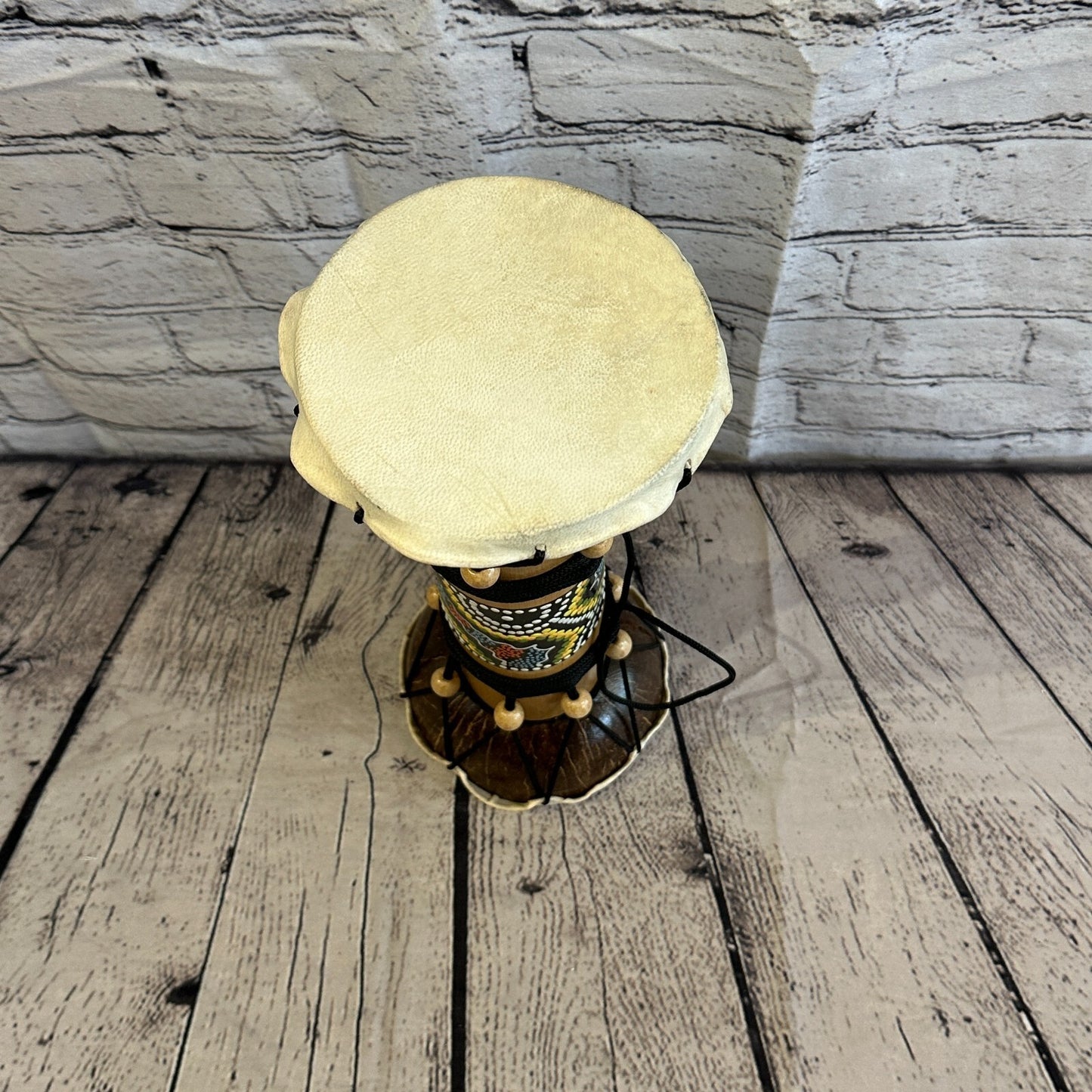 32cm Two Ended Wooden Djembe Bongo Painted African Influenced Drum High Handmade