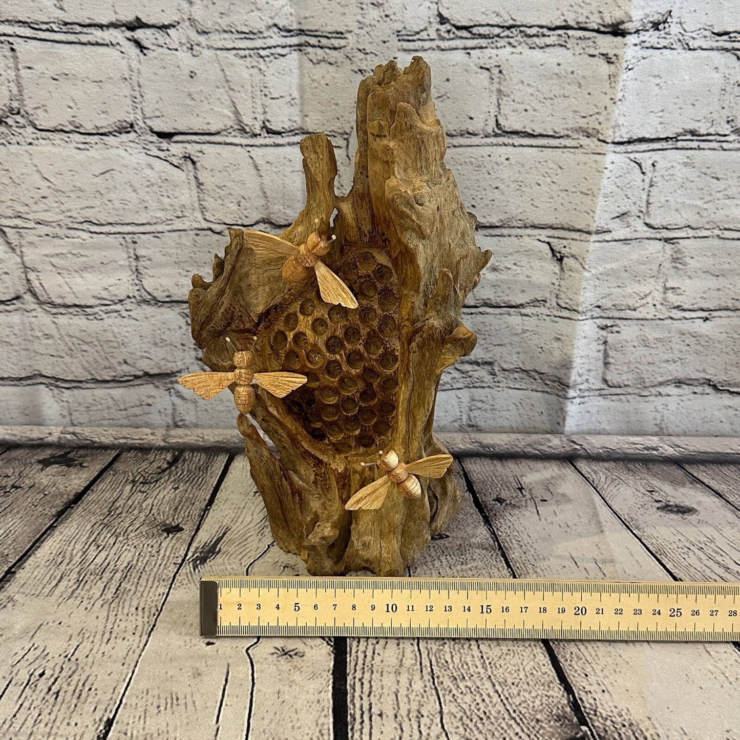 3 Bees Honeycomb Mushroom Parasite Wood Ornament Natural Carving Wooden Standing