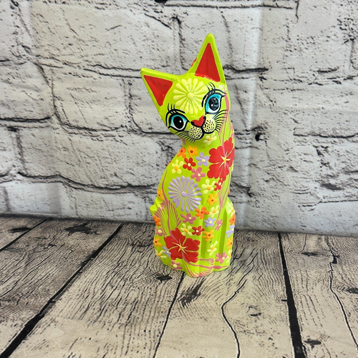 Green Flat Back Wooden Cat With Flower Pattern 20cm x 8cm Handmade and Fairtrade