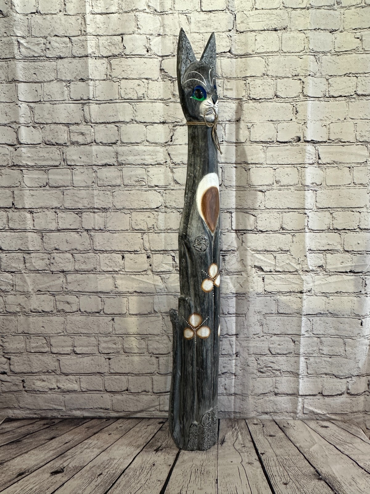 100cm Grey Swirl Flower Wooden Shabby Cat Statue Ornament Fair Trade Handcarved