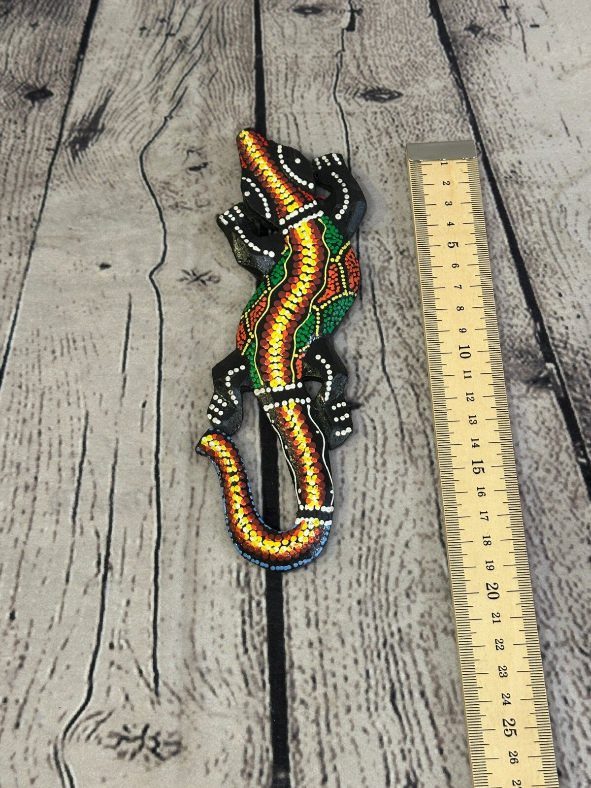 20cm Gecko Carved Wooden Dot Painted Ethnic Tribal Tiki Wall Handmade No 13
