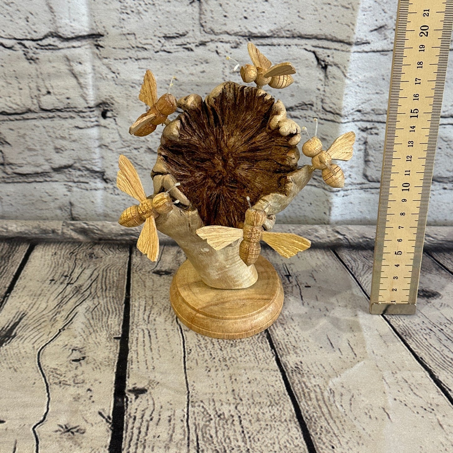 5 Bees Honeycomb Mushroom Parasite Wood Ornament Natural Carving Wooden Standing