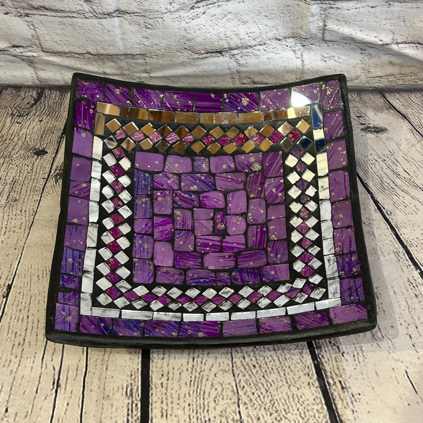 25cm Purple Square Mosaic Handmade Ceramic Glass Tile Bowl Fruit