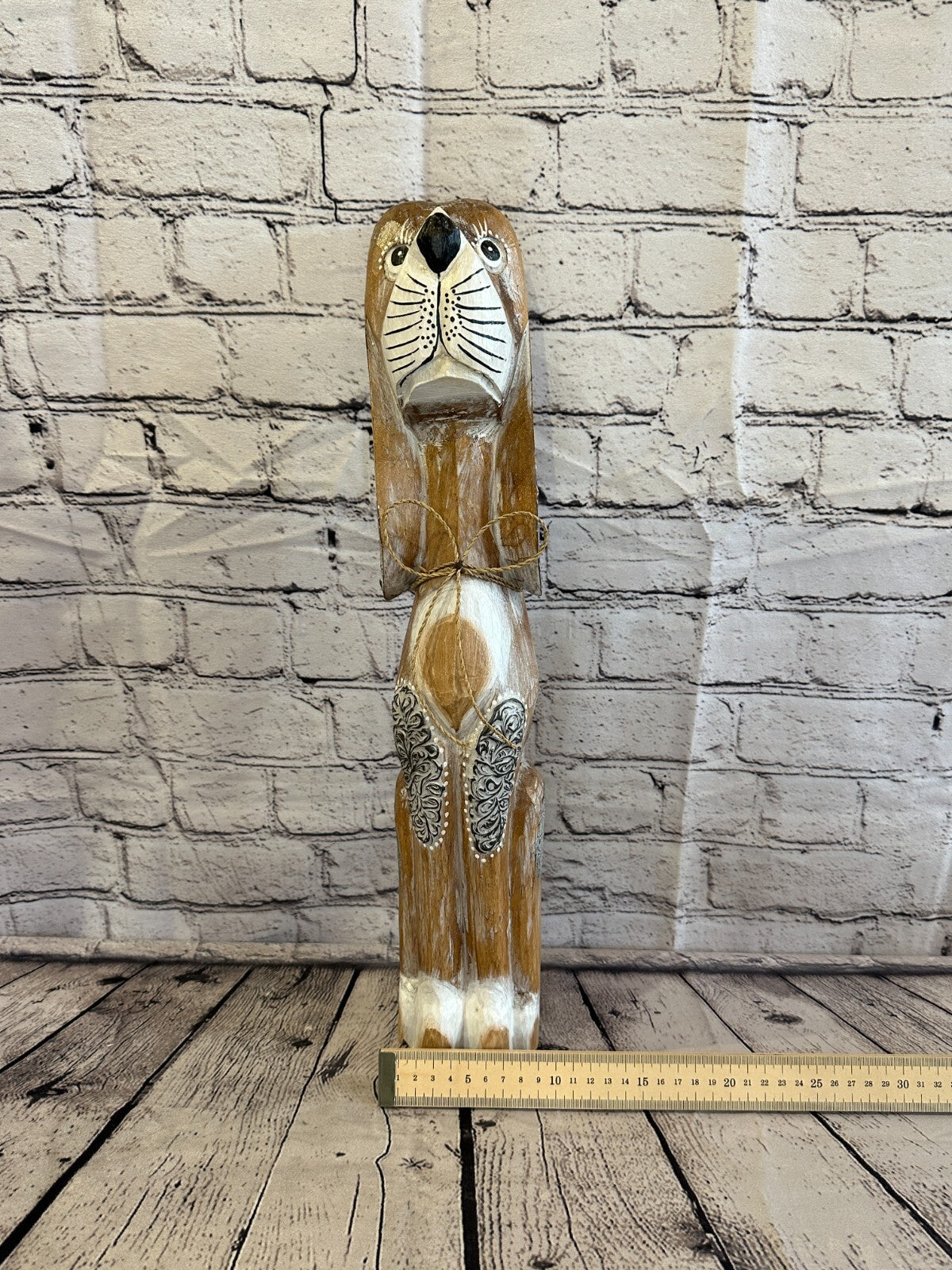50cm Light Brown Flower Wooden Shabby Dog Statue Ornament Fair Trade Handcarved