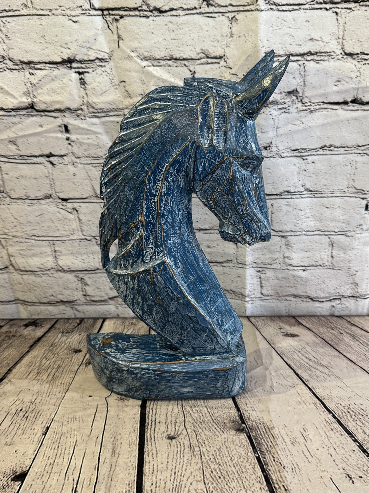 Blue Wooden 40cm x 20cm Horse Head Bust Hand Carved Wood Sculpture