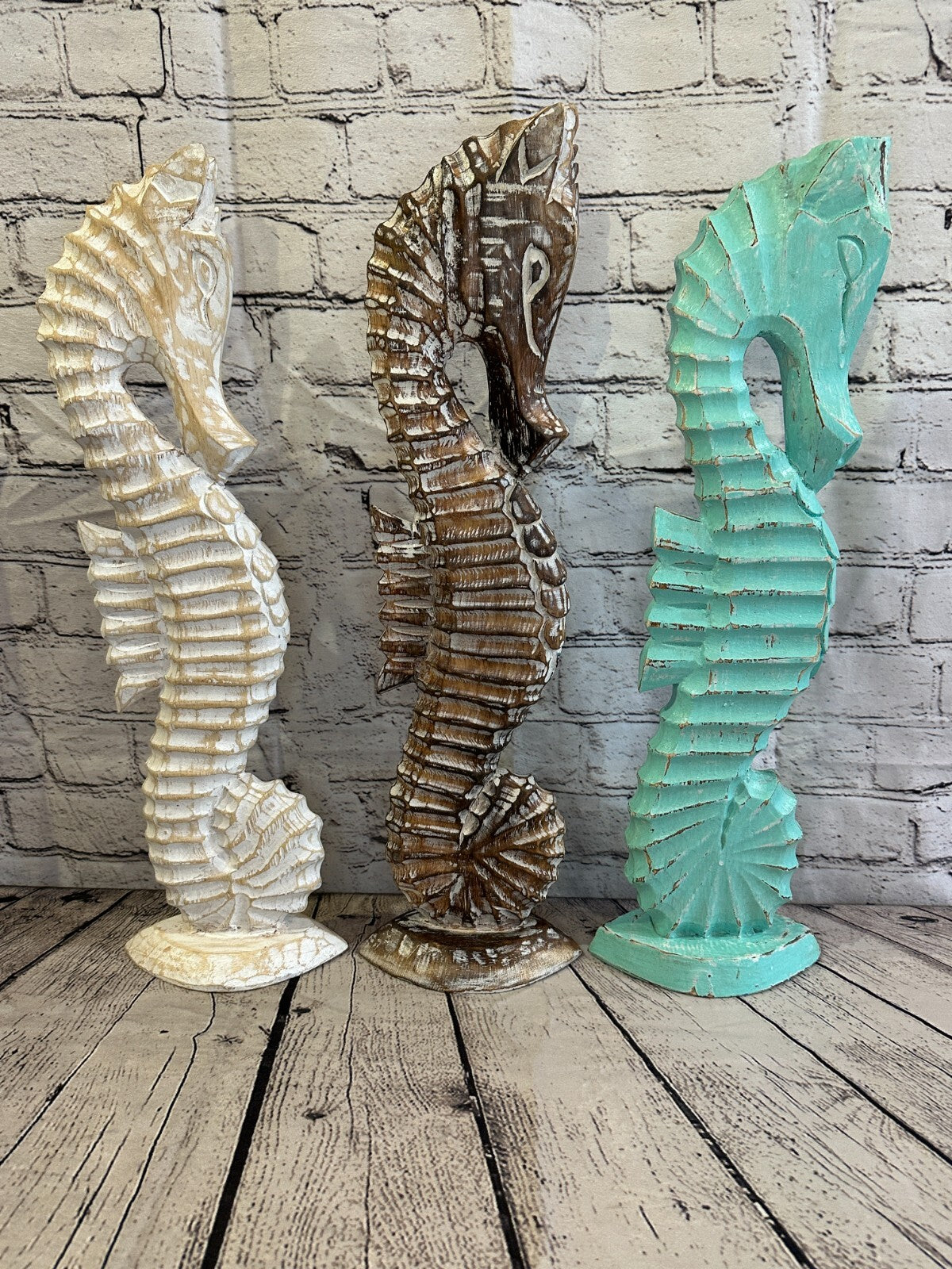 30cm White Plain Wooden Shabby Seahorse Statue Ornament Fair Trade Handcarved