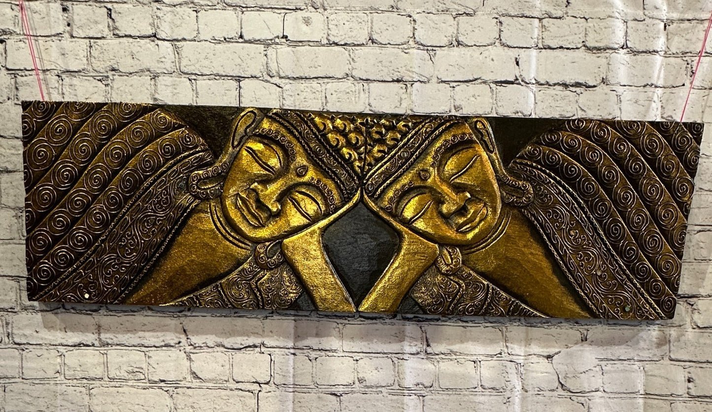 100cm x 30cm Buddha 2 Faces Gold Wooden Wood Panel Wall Art Plaque Handcarved