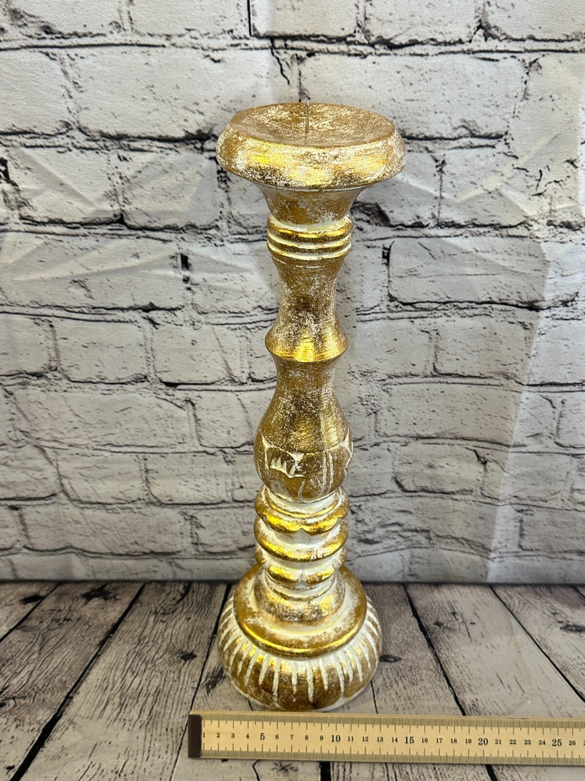 40cm Gold Tall Candlestick Shabby Chic Distressed Solid Column Candle Holder