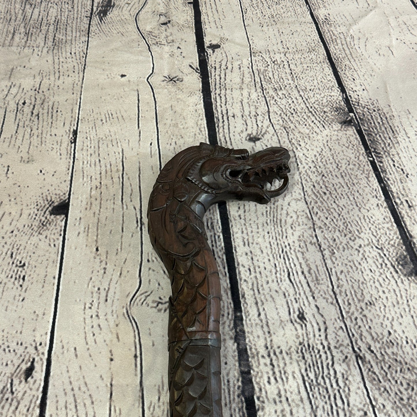 Chinese Dragon 90cm Tribal African Walking Stick Cane Hand Carved Dark Wood