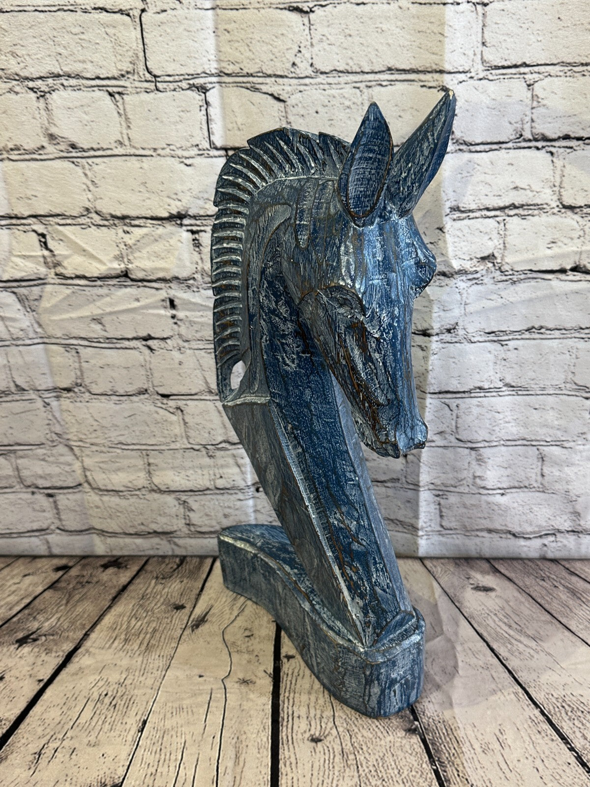 Blue Wooden 50cm x 25cm Horse Head Bust Hand Carved Wood Sculpture