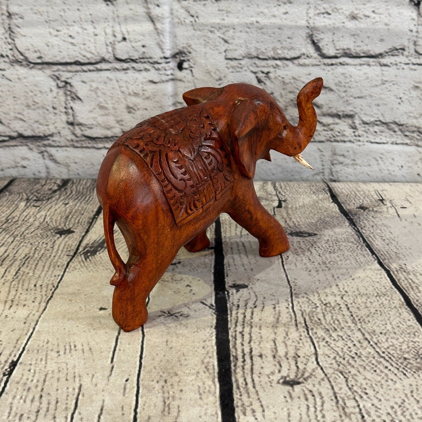 15cm x 10cm Carved Wooden Baby Elephant Wood Brown Sculpture Retro Handmade