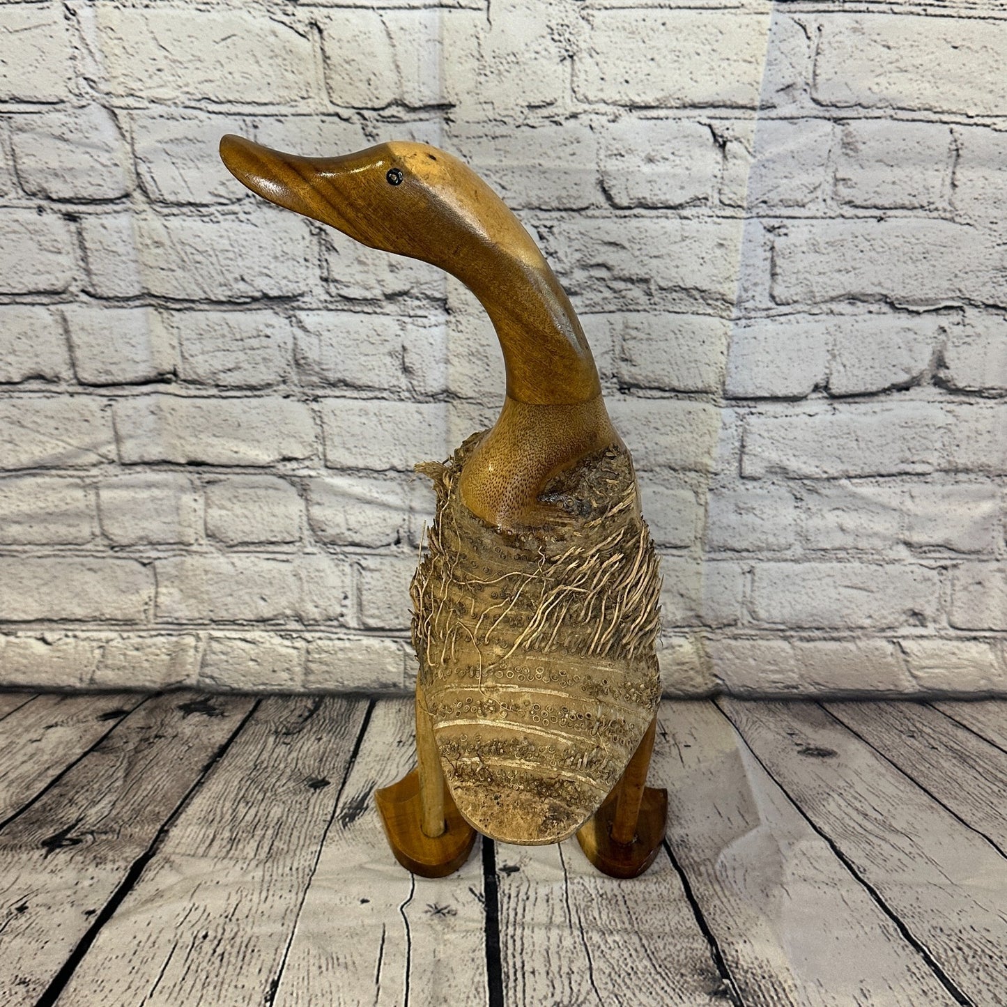 Looking Left 45cm Tall Wooden Hairy Duckling Baby Duck Bamboo Root Fairtrade