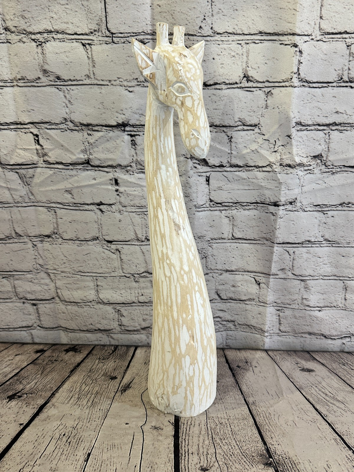 White Wooden Giraffe Head With Shabby Pattern 50cm x 10cm Handmade and Fairtrade