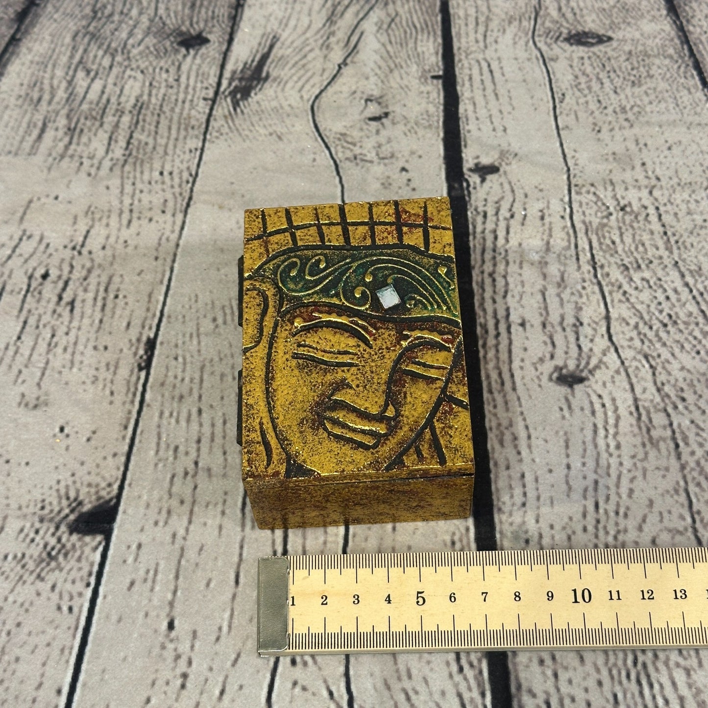 Bright Gold Thai Buddha Head Left 10cm x 7cm x 4cm Wooden Box Trinket Handmade