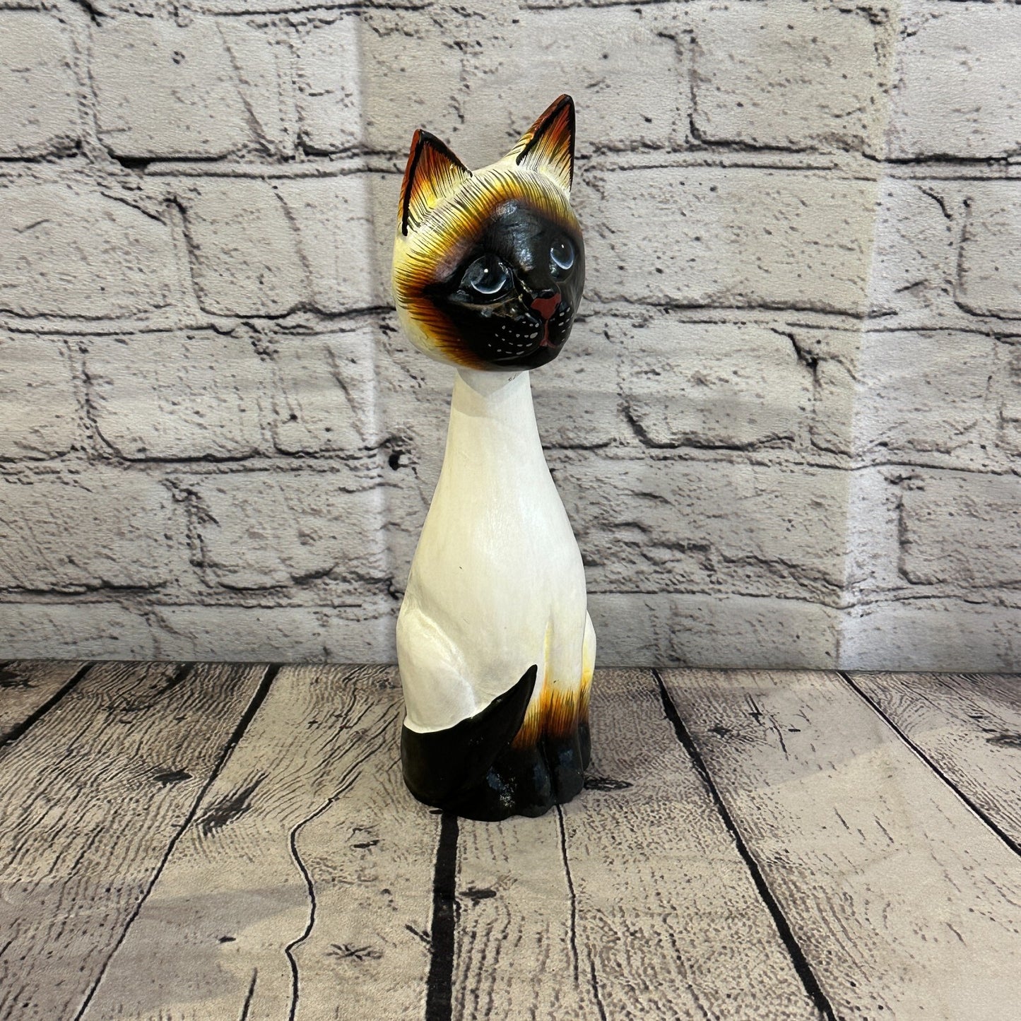 25cm x 7cm Siamese Sitting Bobble Style Painted Wooden Hand Carved Cat Wooden
