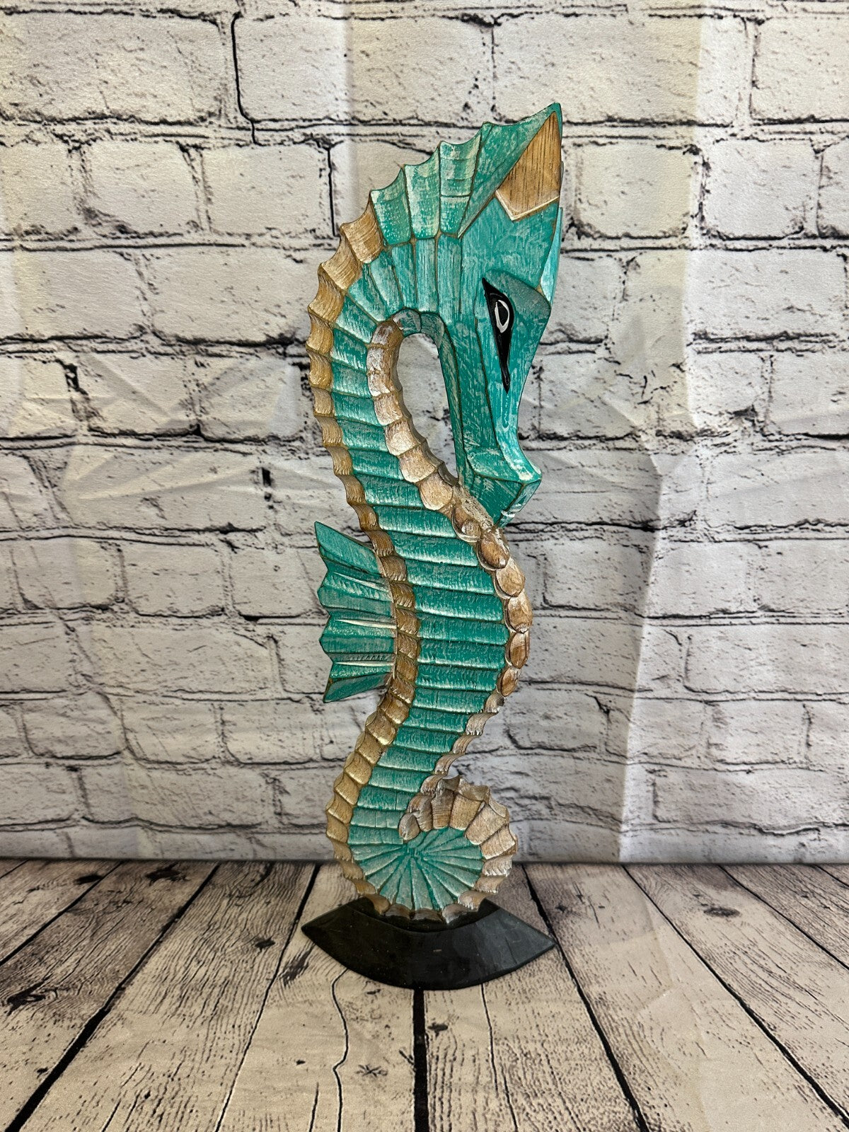 50cm Green Brown Wooden Shabby Seahorse Statue Ornament Fair Trade Handcarved
