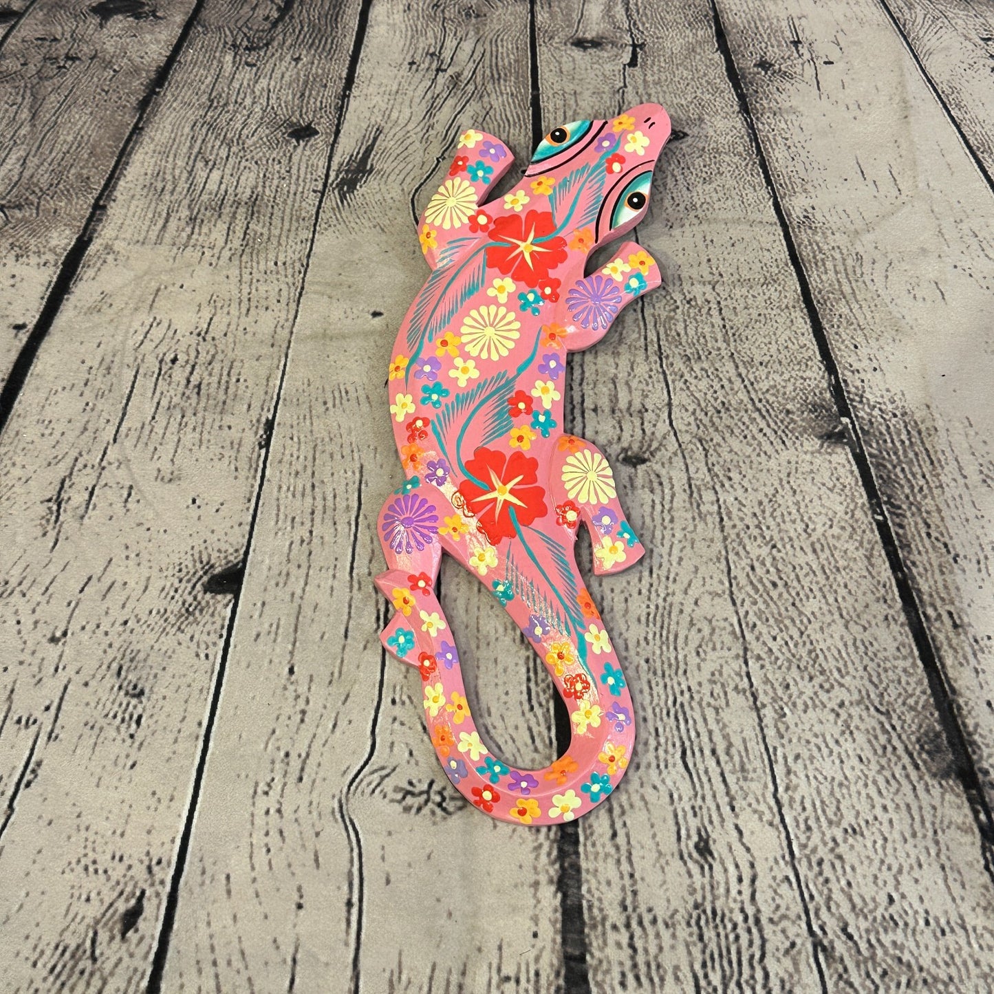 30cm Gecko Lizard Pink Flower Wood Wall Hanging Wooden Ornaments Carving