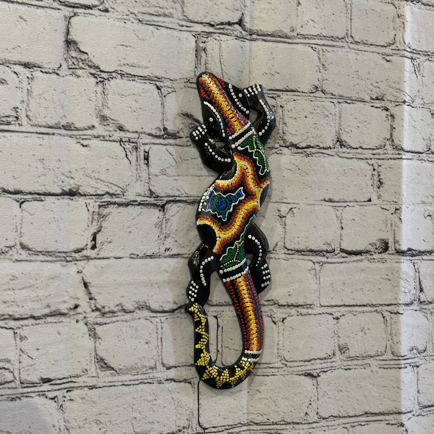 30cm Gecko Carved Wooden Dot Painted Ethnic Tribal Tiki Wall Handmade No 5