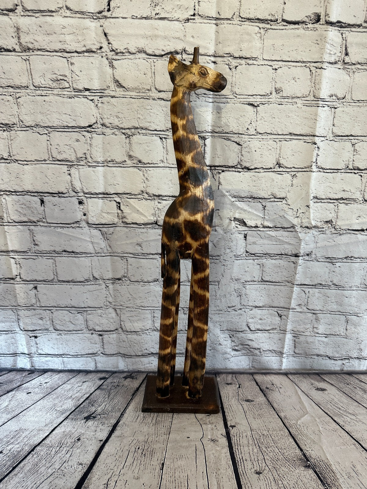 60cm Burnt Pattern Wood Giraffe Tall Statue Wood Modern Hand Carved Painted