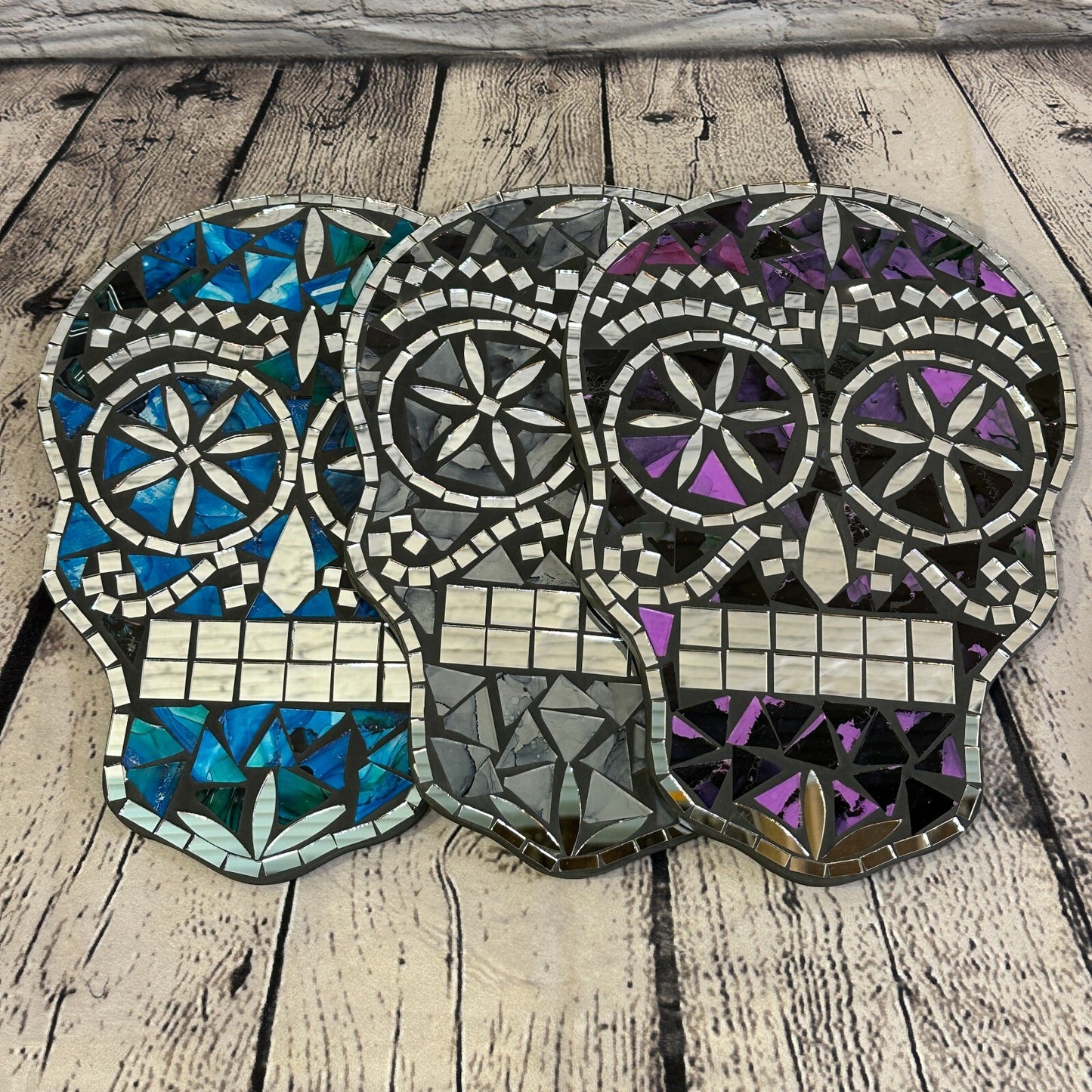 Black Grey Skull Mosaic Tile Wall Mirror 30cm x 20cm 12 Inches Handmade New