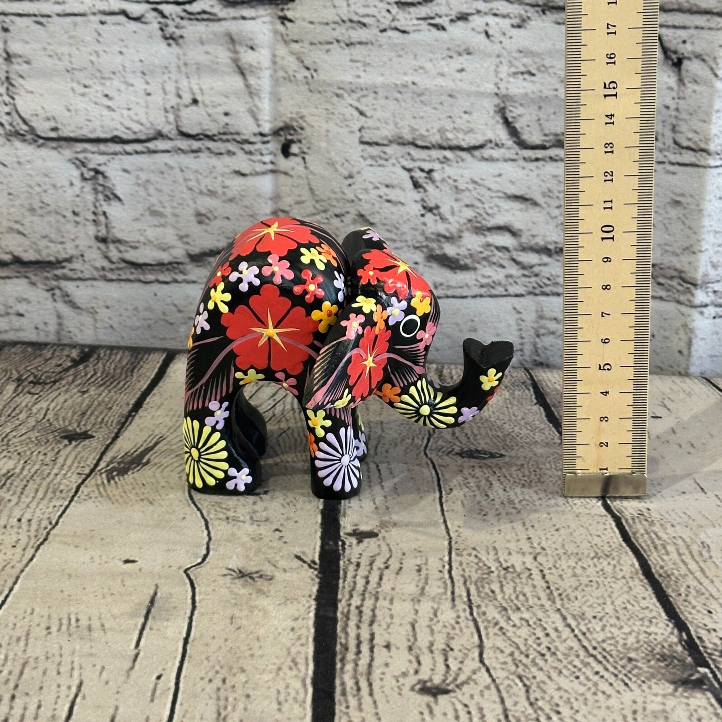 Black Wooden Elephant With Flower Pattern 10cm x 12cm Handmade and Fairtrade