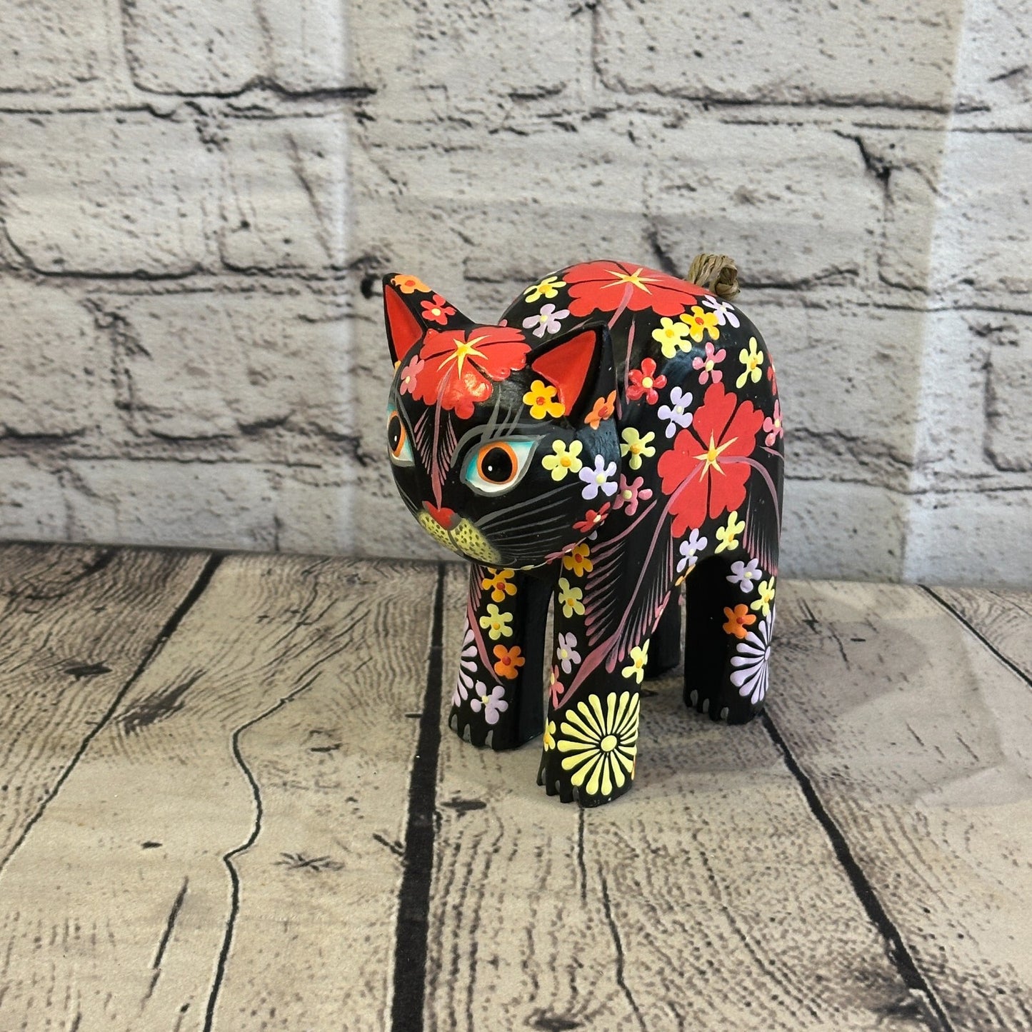 Black Large Wooden Cat With Flower Pattern 15cm x 10cm Handmade and Fairtrade