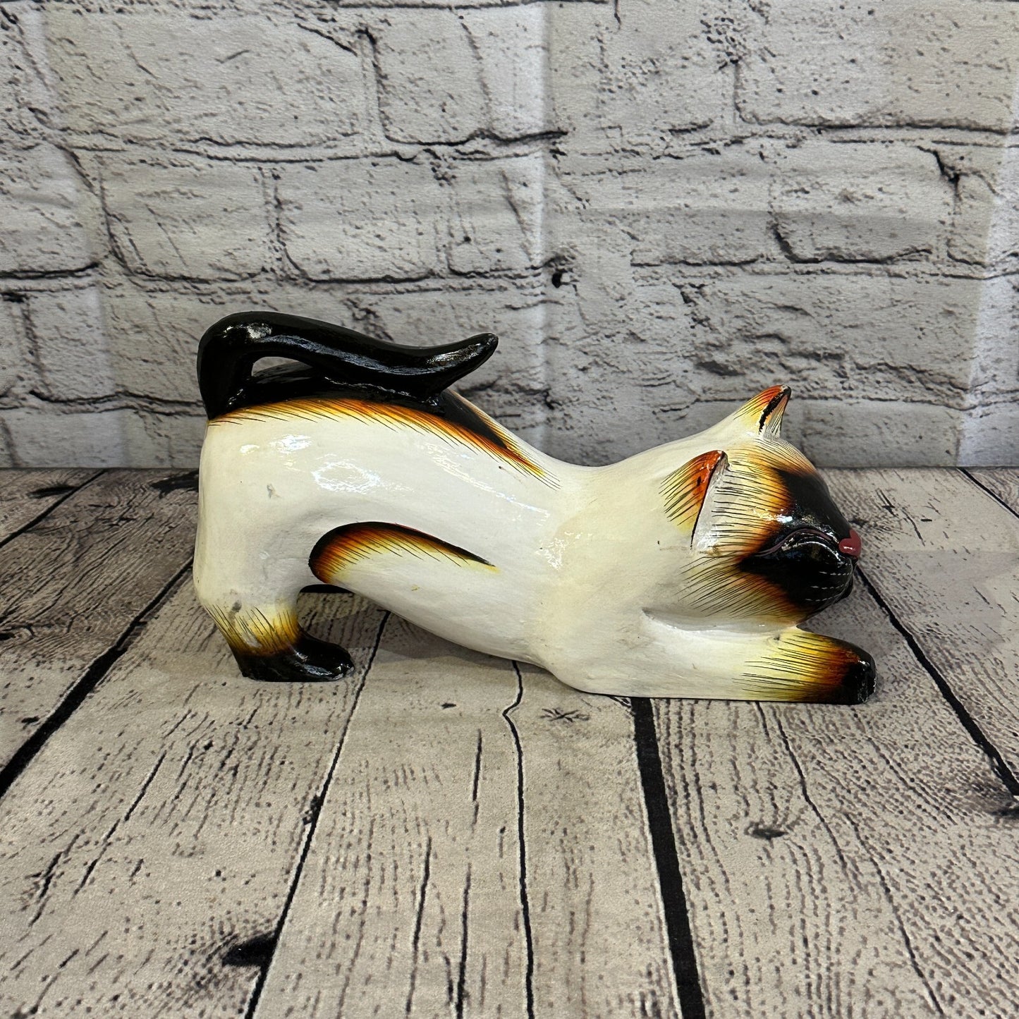 22cm x 14cm Siamese Style Painted Wooden Hand Carved Stretching Cat Wooden