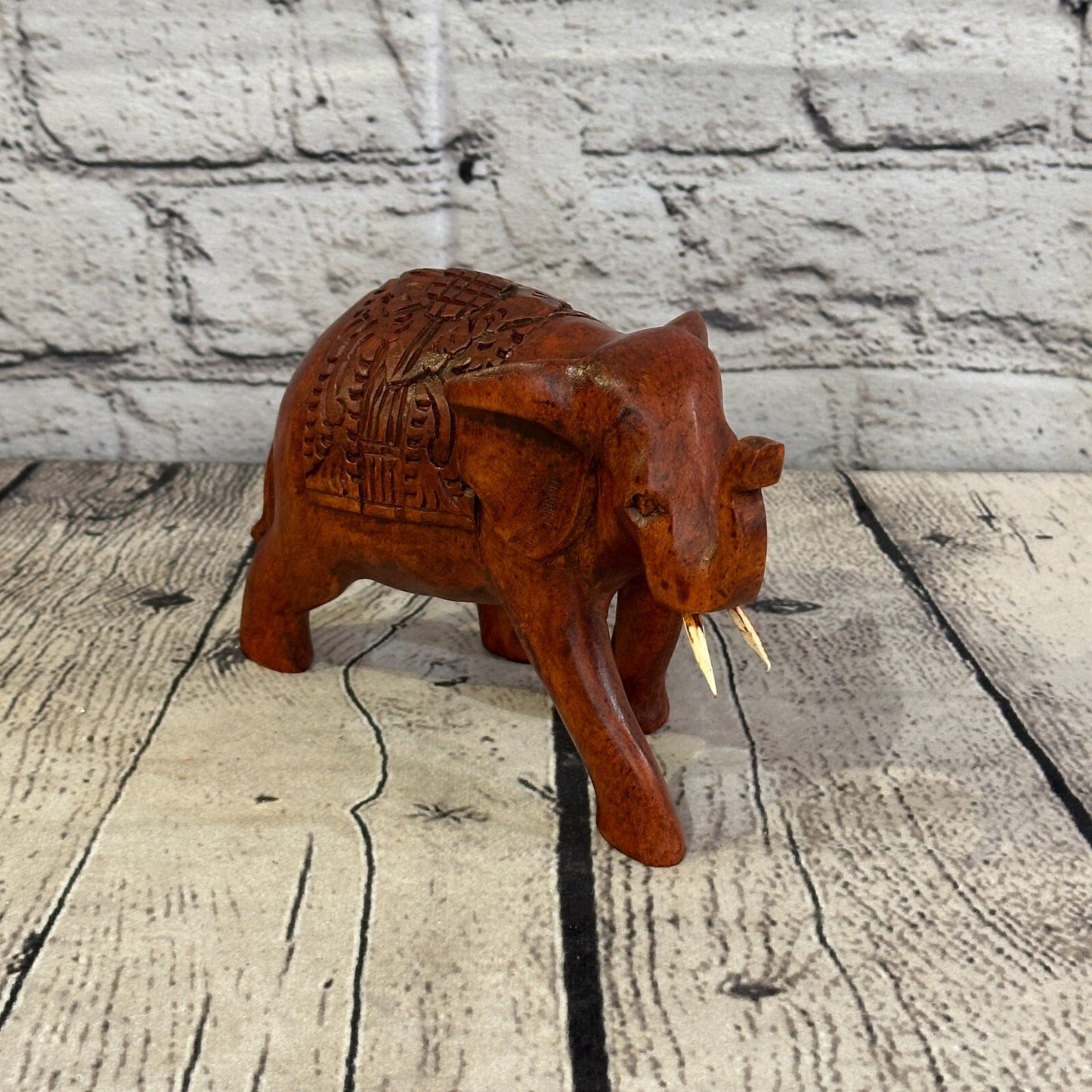 15cm x 10cm Carved Wooden Baby Elephant Wood Brown Sculpture Retro Handmade
