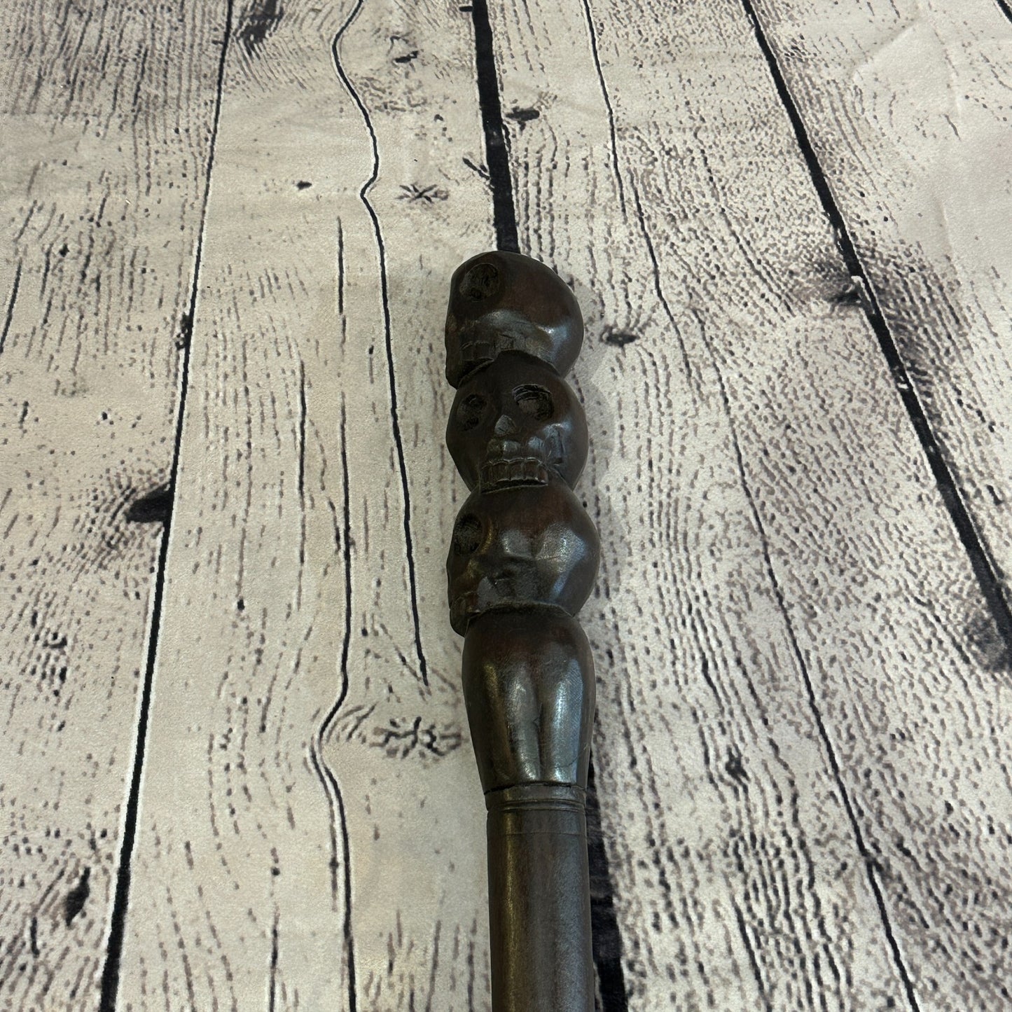 Pillar Three Skulls 90cm Tribal African Walking Stick Cane Hand Carved Dark Wood