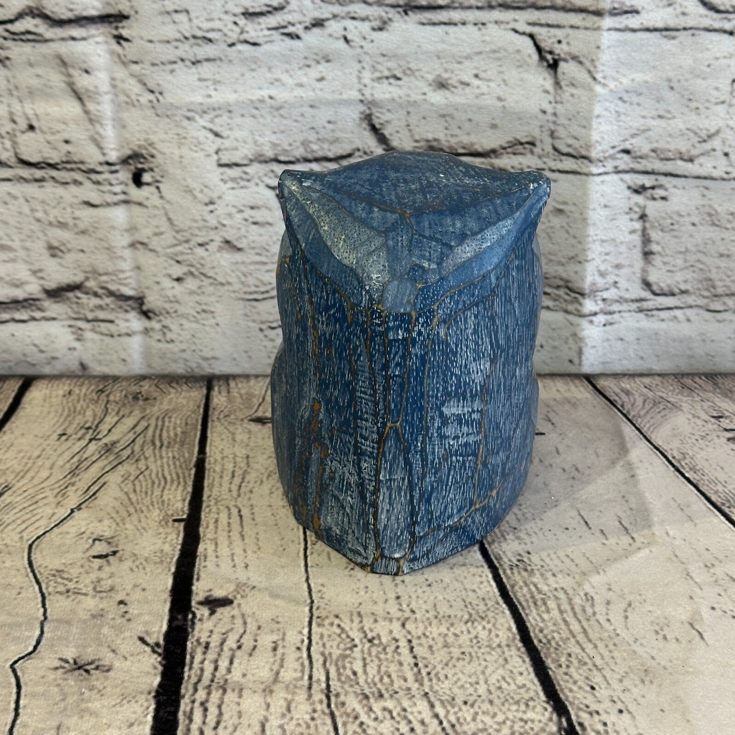 12cm x 10cm Blue Flower Wooden Shabby Owl Statue Ornament Fair Trade Handcarved