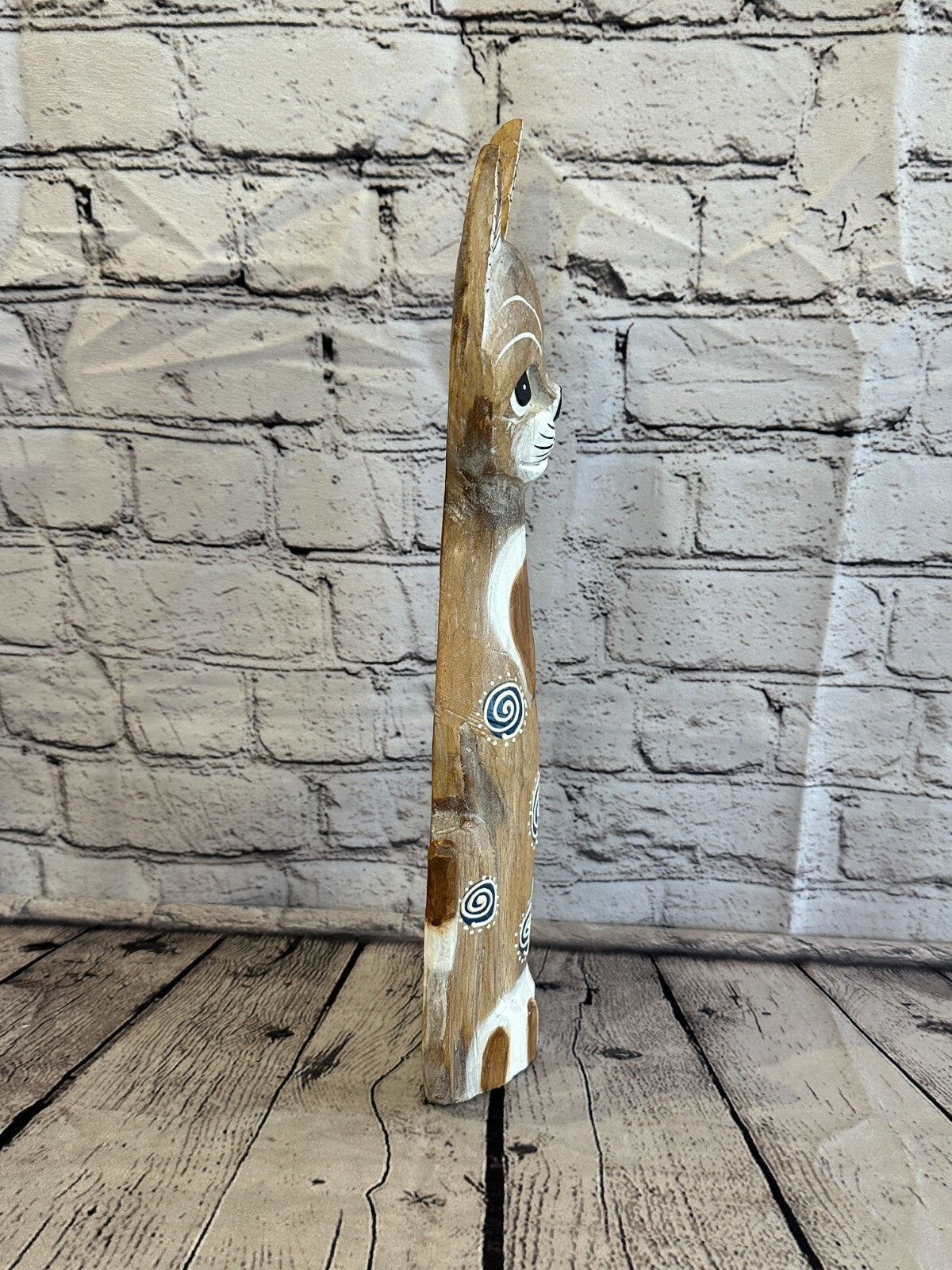 40cm Light Brown Flower Wooden Shabby Cat Statue Ornament Fair Trade Handcarved