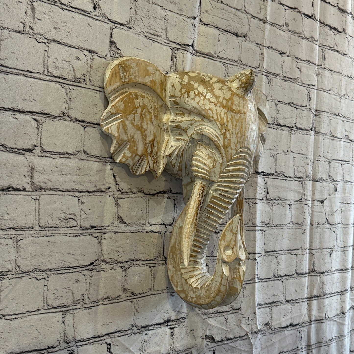40cm x 35cm Cream White Carved Wood Elephant Head Wall Mounted Art Large Shabby