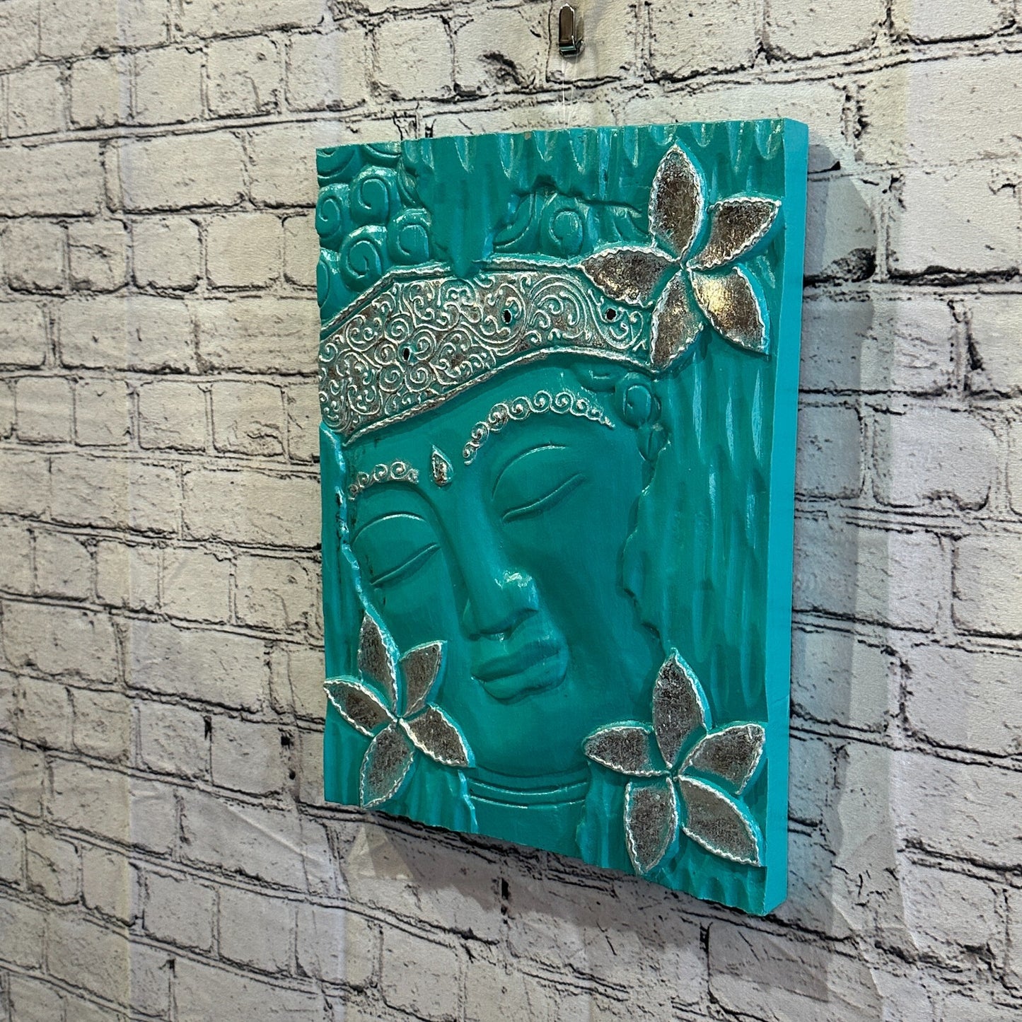 Wooden Wood Panel 40cm Brown Teal Buddha Hibiscus Wall Art Plaque Handcarved