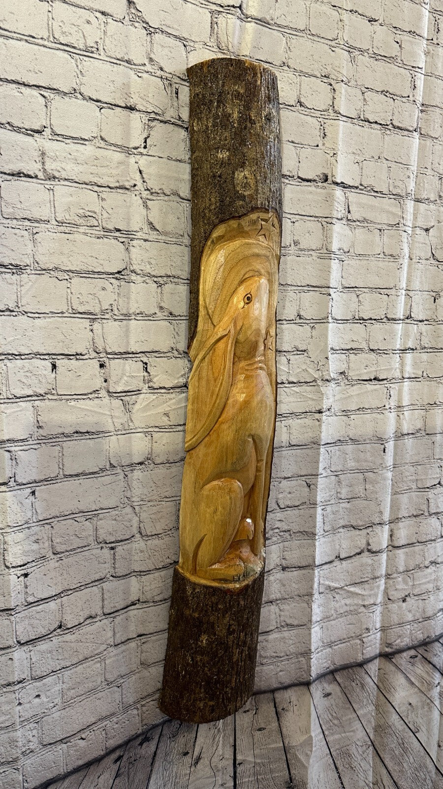 Hare With Moon Of The Woods 100cm Hand Carved Wizard Tree Trunk Wood Fairtrade