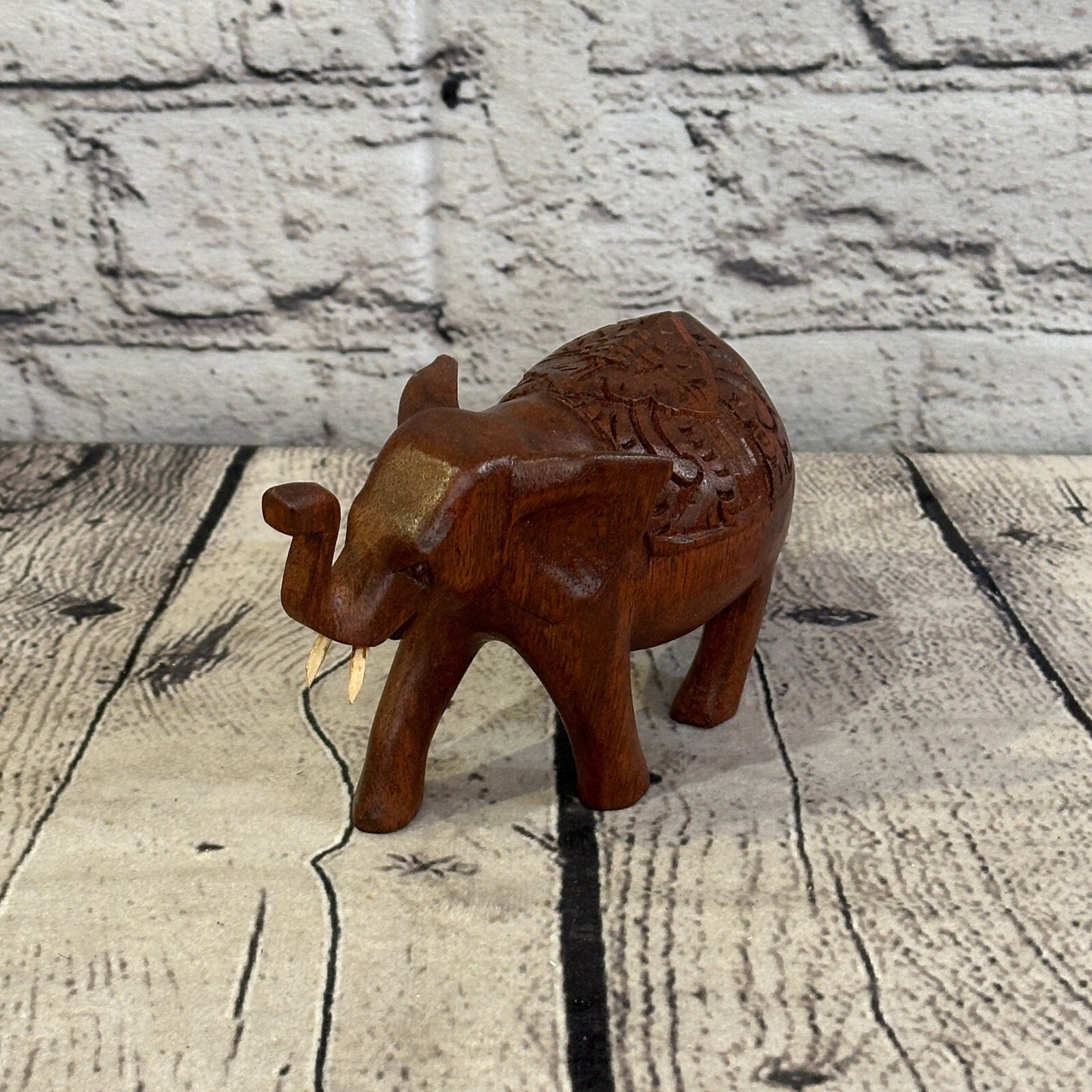 12cm x 8cm Carved Wooden Baby Elephant Wood Brown Sculpture Retro Handmade