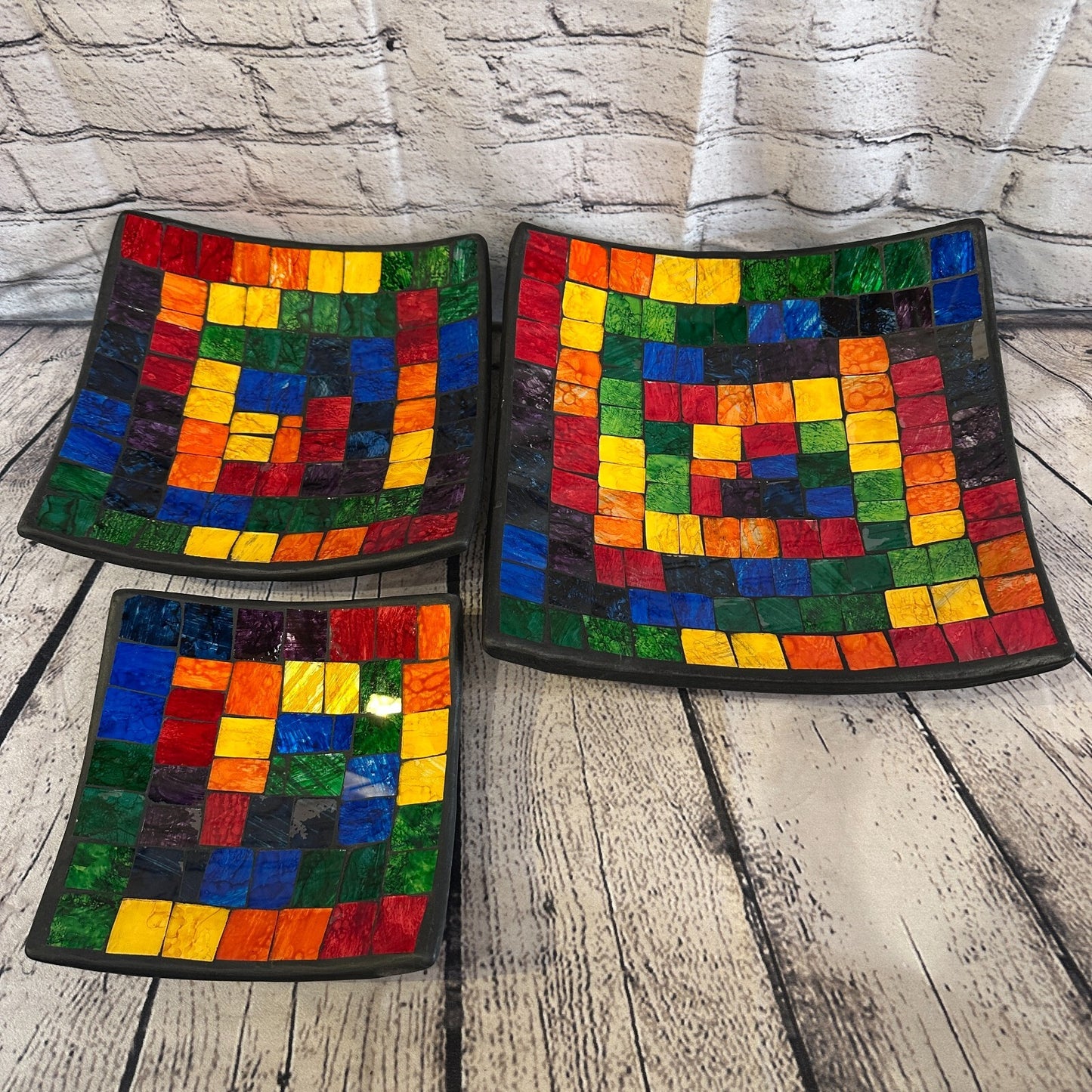 25cm Rainbow Blocks Square Mosaic Handmade Ceramic Glass Tile Bowl Fruit