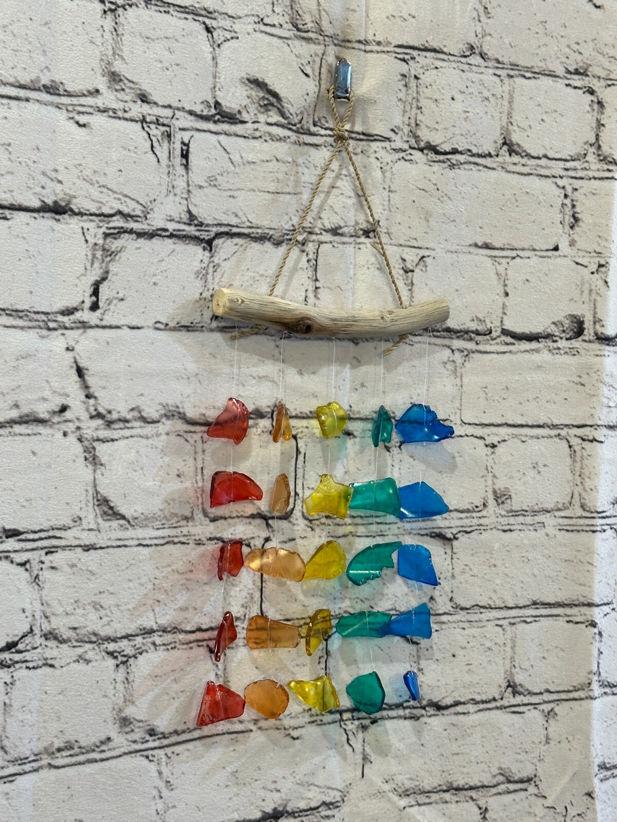25cm x 15cm Rainbow Wind Recycled Glass Driftwood Handmade Garden Home Mobile