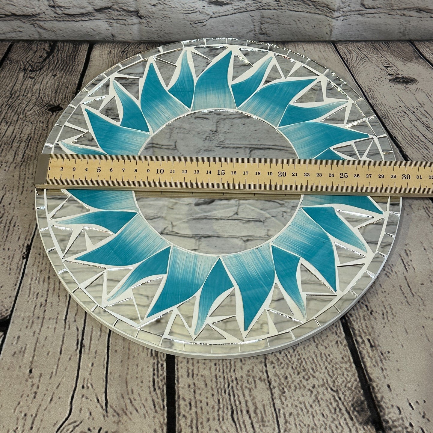 Turquoise Blue Flame Sun Mosaic Tile Wall Mirror 30cm x 30cm 12 Inches Handmade