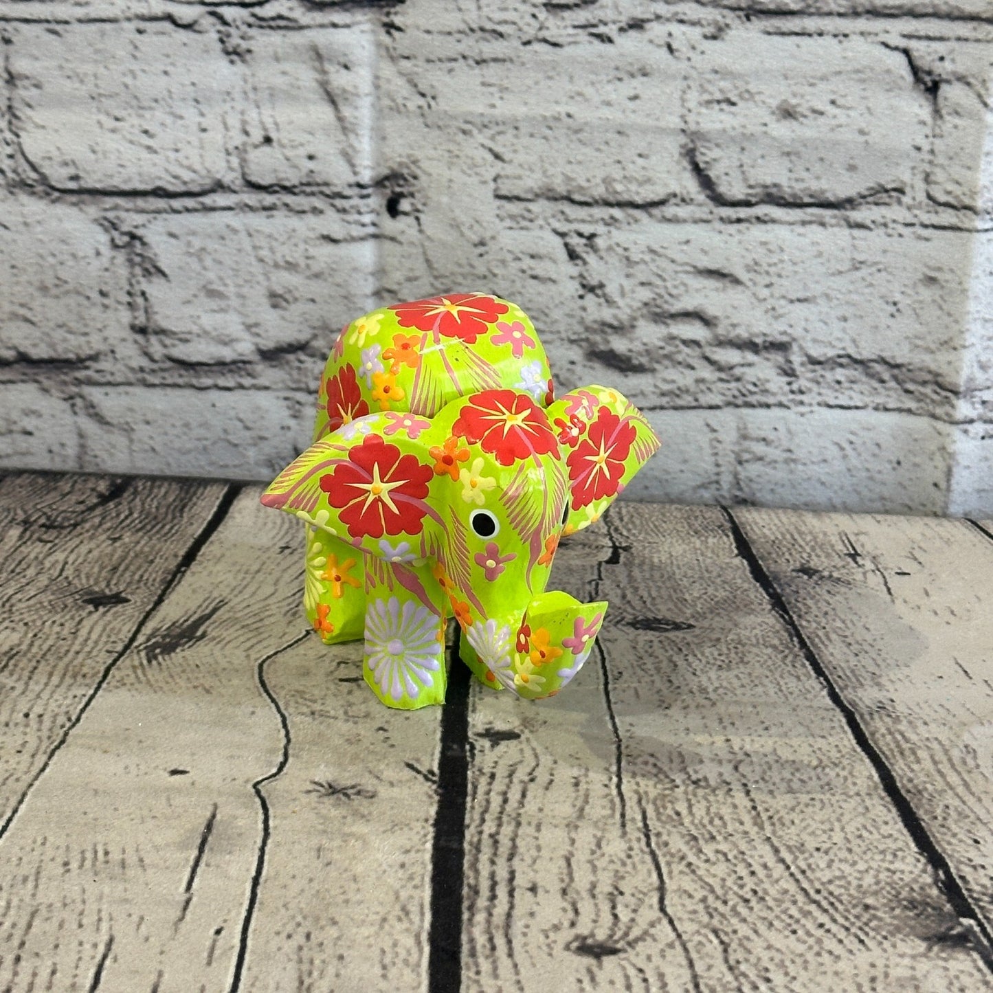Green Wooden Elephant With Flower Pattern 10cm x 12cm Handmade and Fairtrade