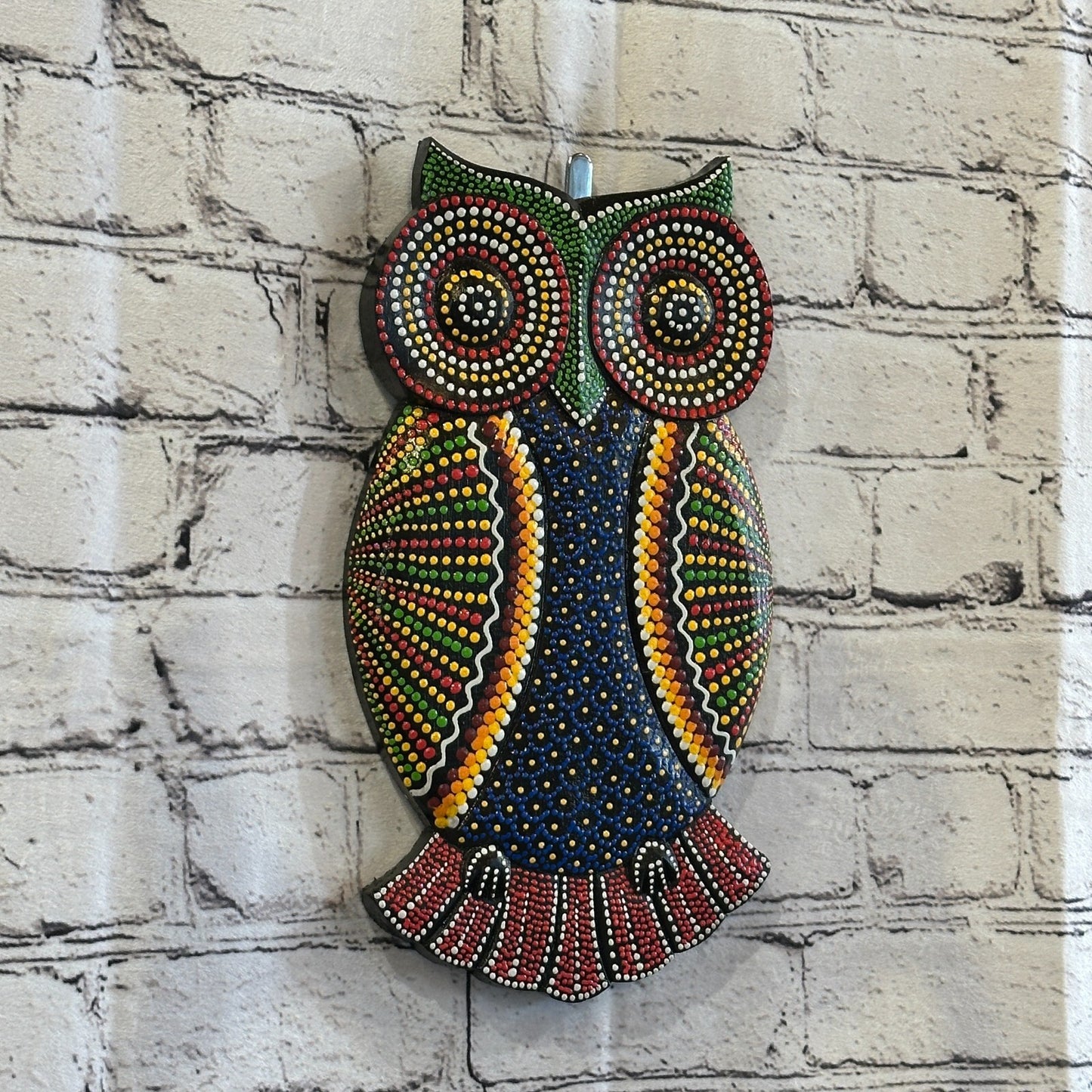 30cm Owl Carved Wooden Dot Painted Ethnic Tribal Tiki Wall Art Handmade No 2