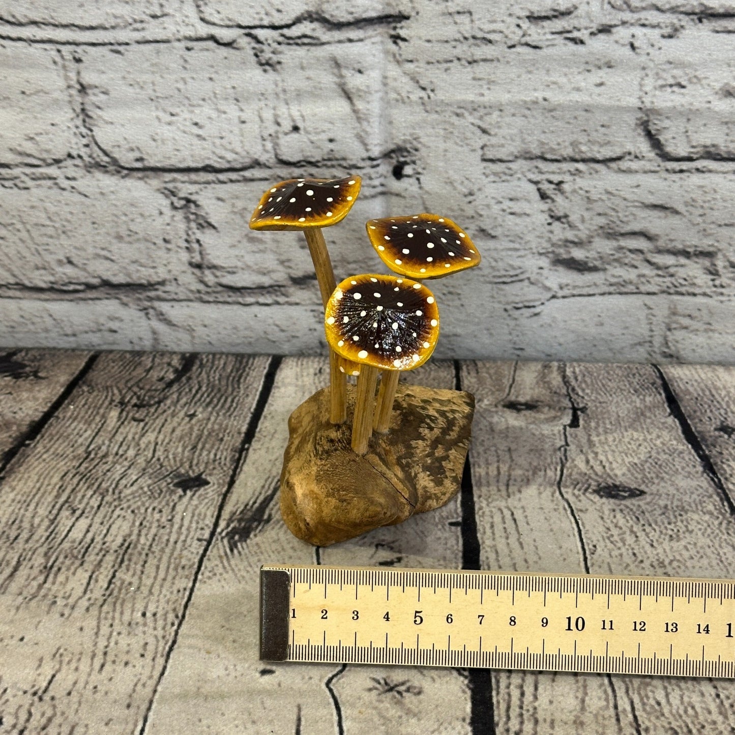 Brown Yellow Painted Mushroom Parasite Ornament Natural Carving Fairtrade Wooden