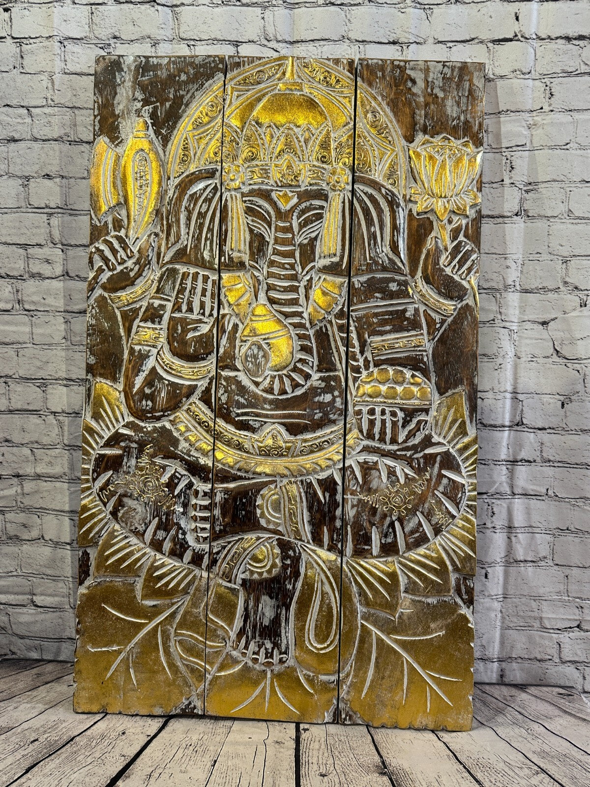 100cm x 60cm Ganesha Brown Gold Wooden Wood Panel Wall Art Plaque Handcarved