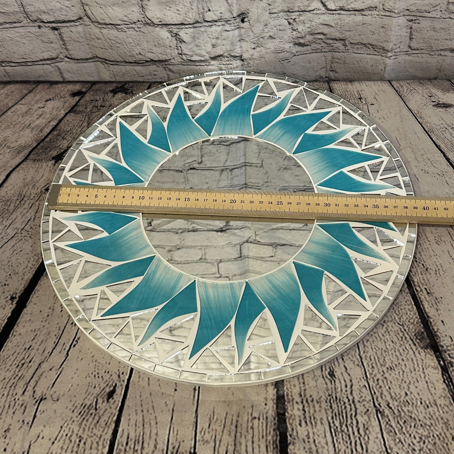 Turquoise Blue Flame Sun Mosaic Tile Wall Mirror 40cm x 40cm 16 Inches Handmade